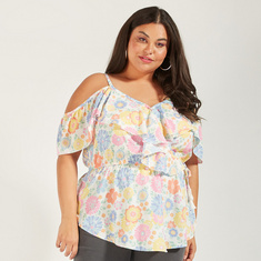 Floral Print Off Shoulder Top with Ruffles