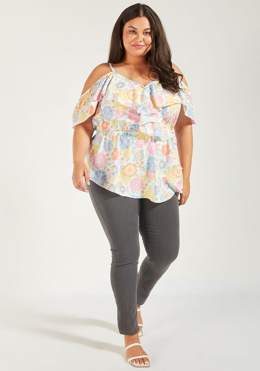 Floral Print Off Shoulder Top with Ruffles-Shirts and Blouses-image-1