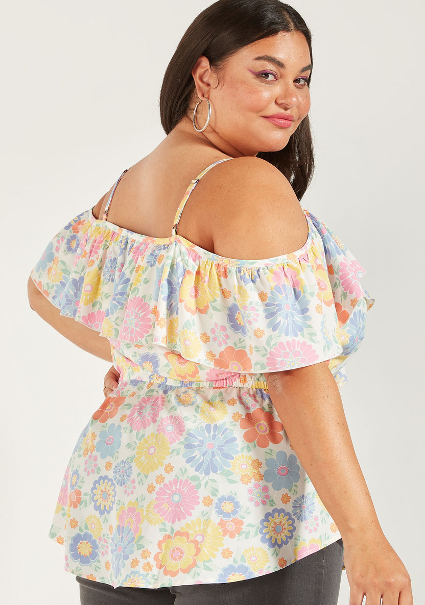 Floral Print Off Shoulder Top with Ruffles-Shirts and Blouses-image-3