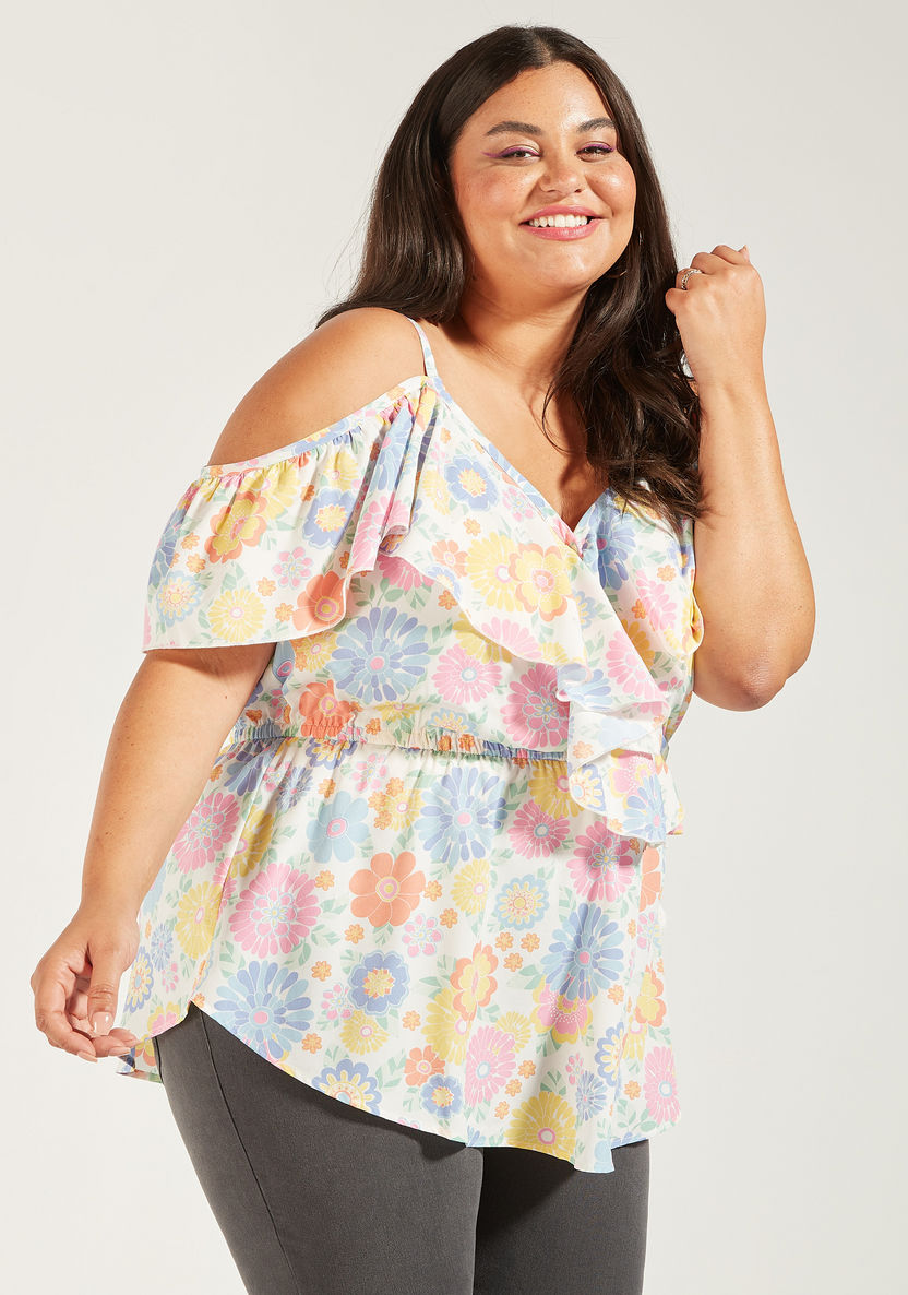 Floral Print Off Shoulder Top with Ruffles-Shirts and Blouses-image-4