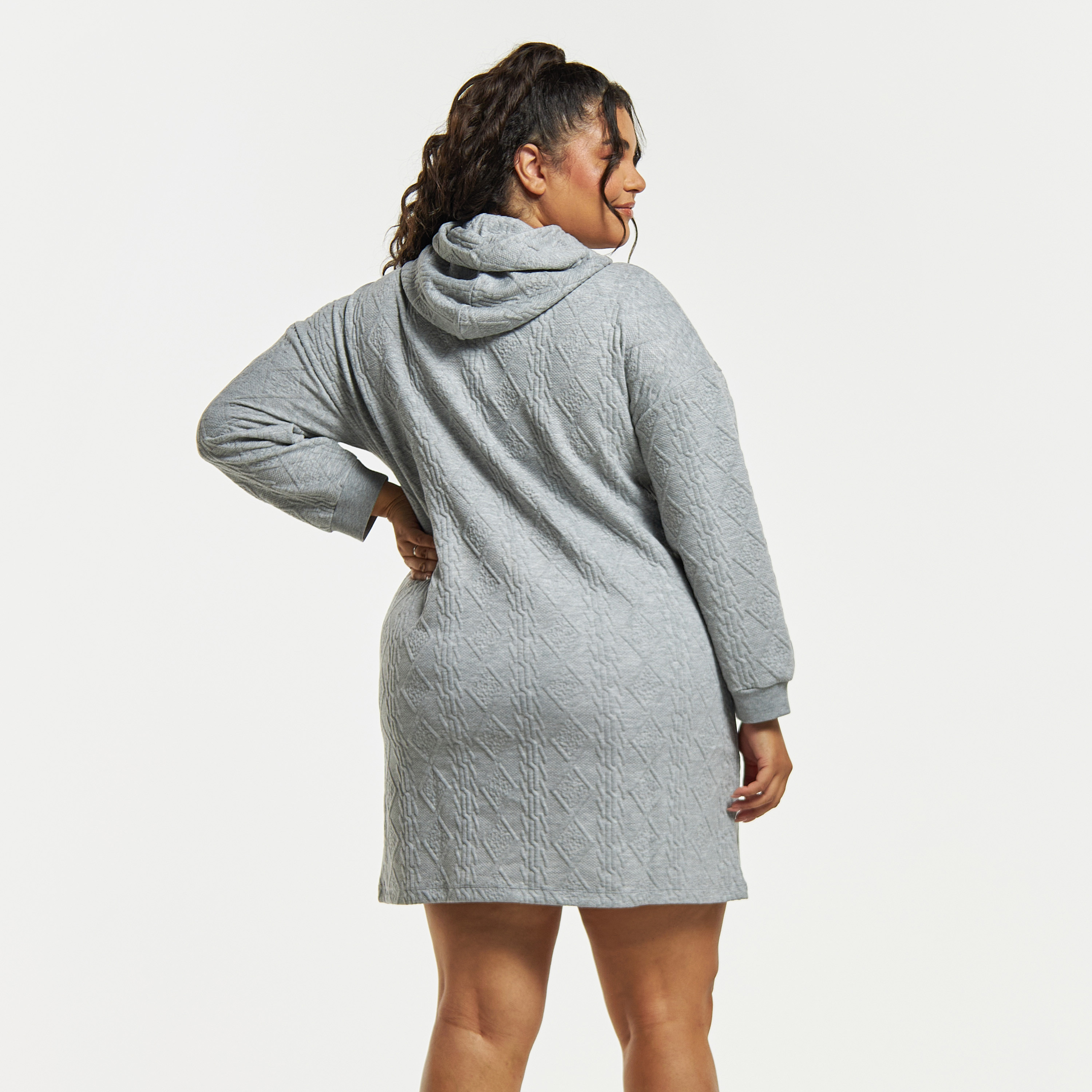 Buy Plus Size Diamond Textured Hoodie Dress with Kangaroo Pocket