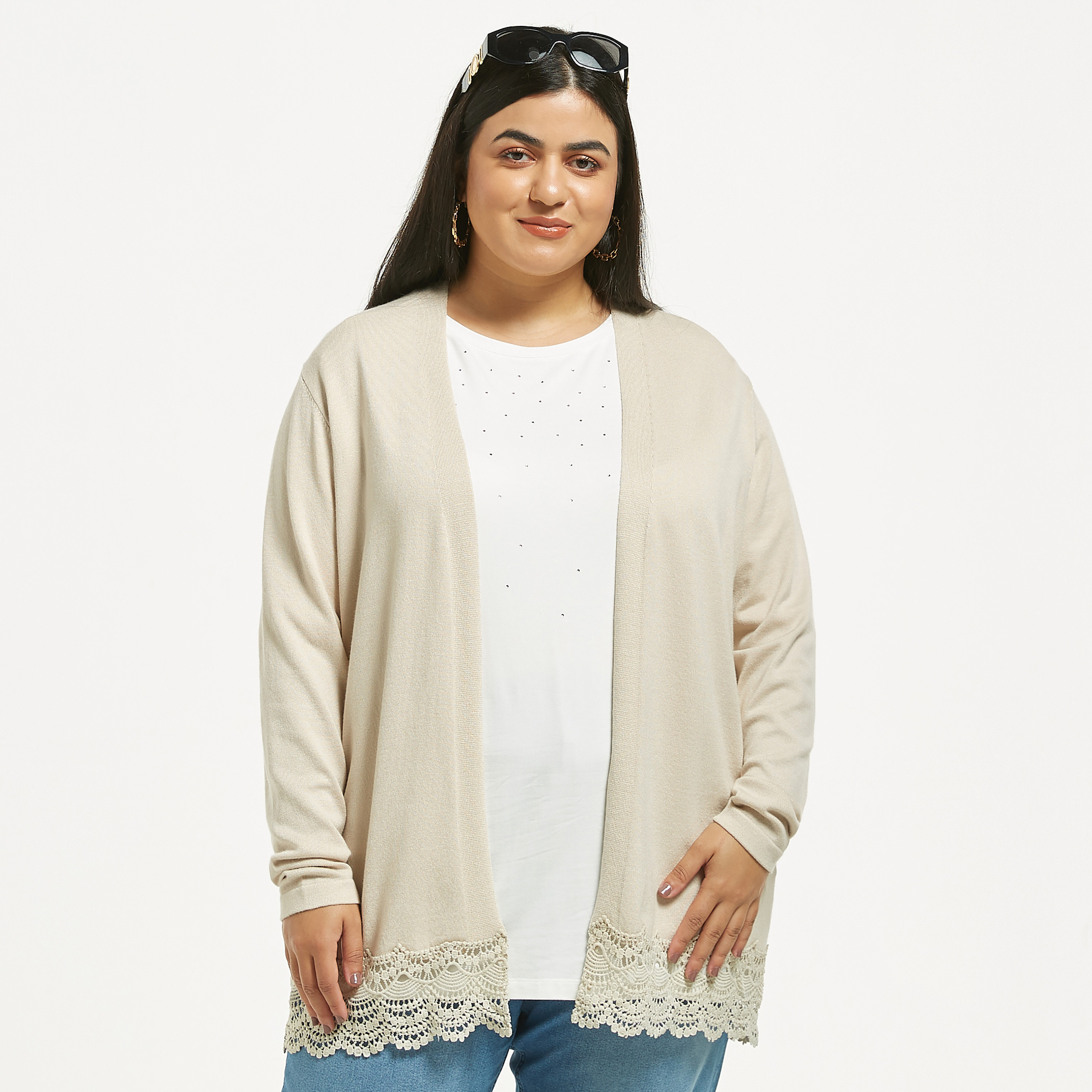 Buy Plus Size Solid Knitted Open Front Cardigan with Lace Detail