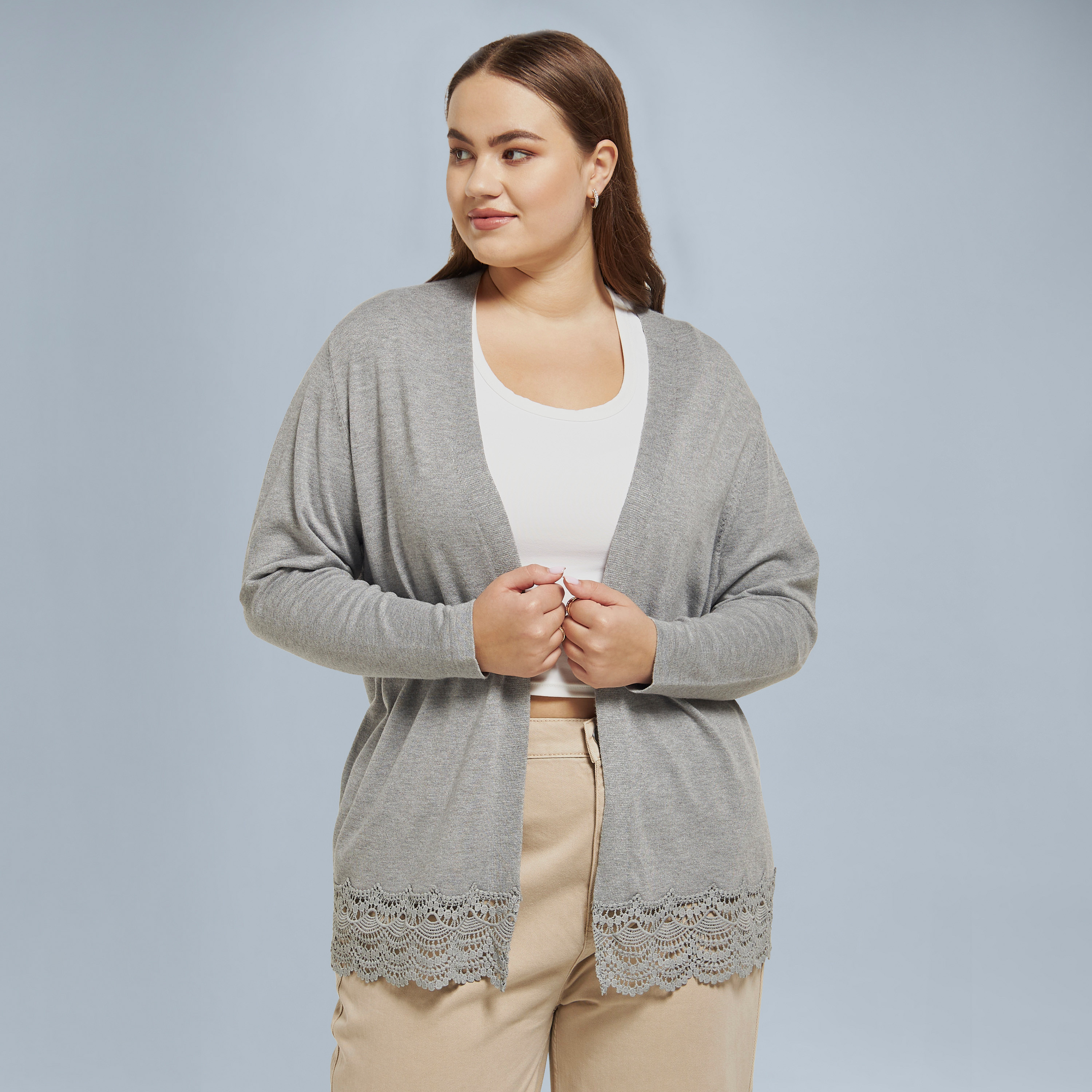 Buy Women s Plus Size Solid Knitted Open Front Cardigan with Lace