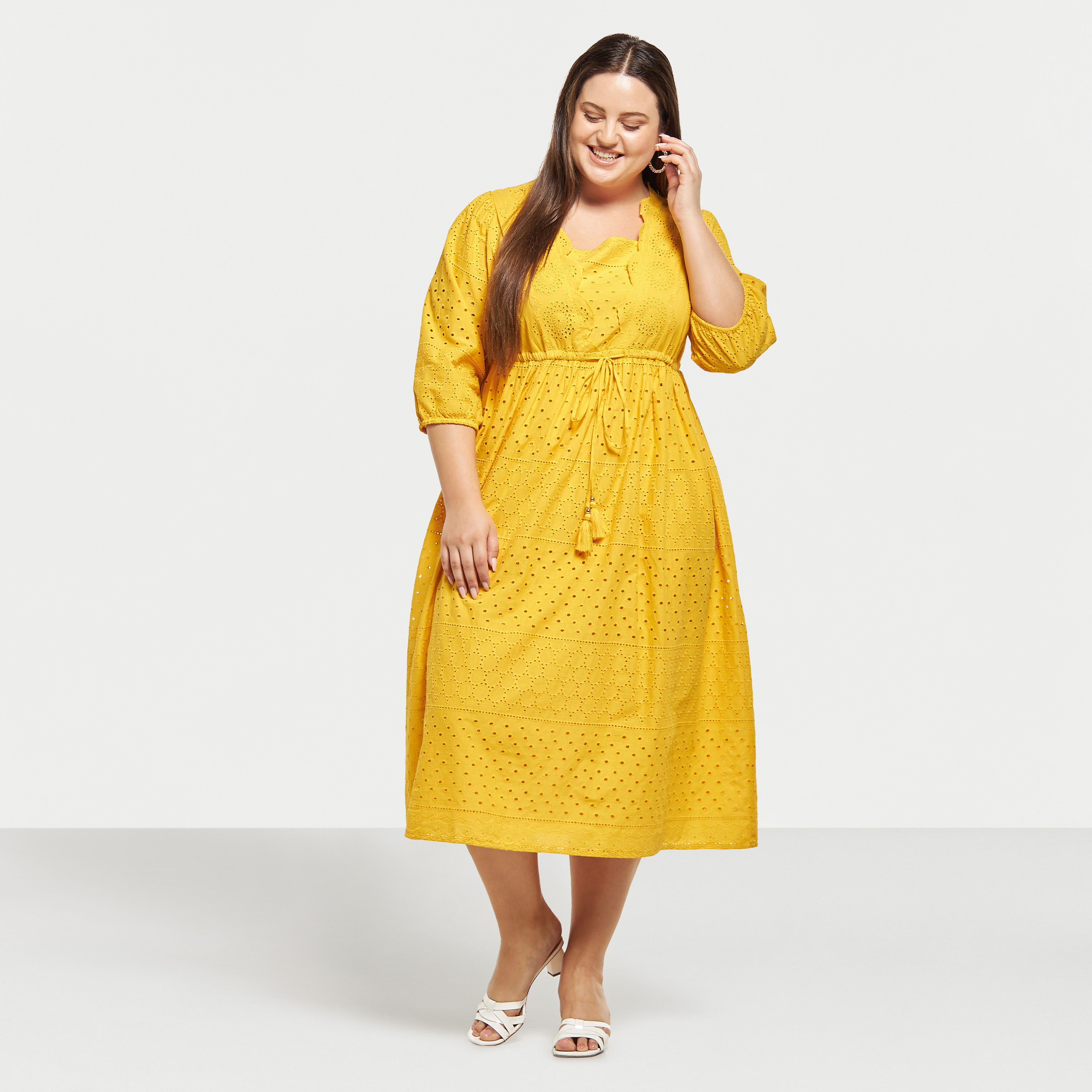 Buy Plus Size Schiffli Textured Drawstring Waist Dress with 3 4