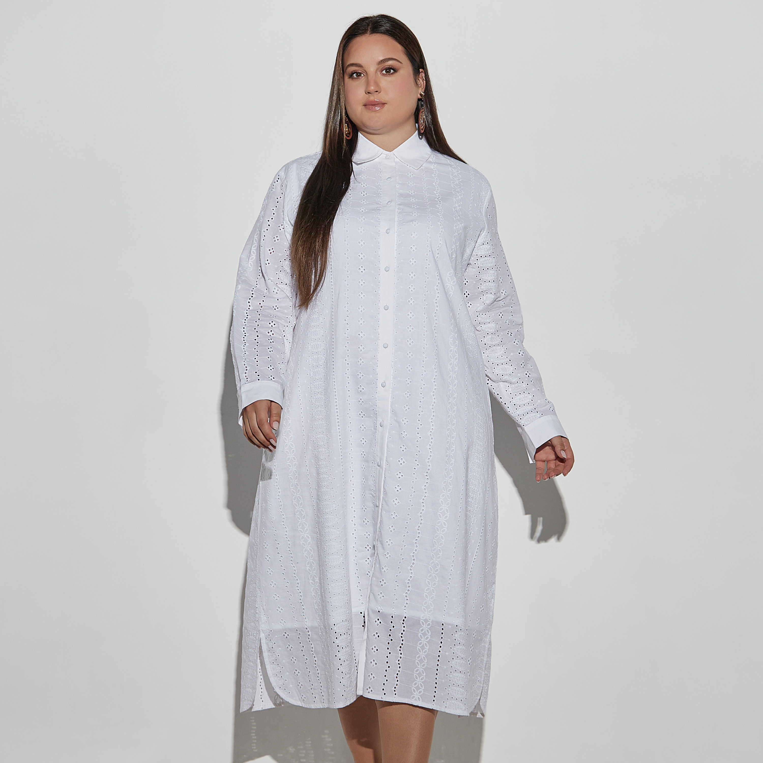 Buy Plus Size Lace Textured Shirt Dress with Long Sleeves and