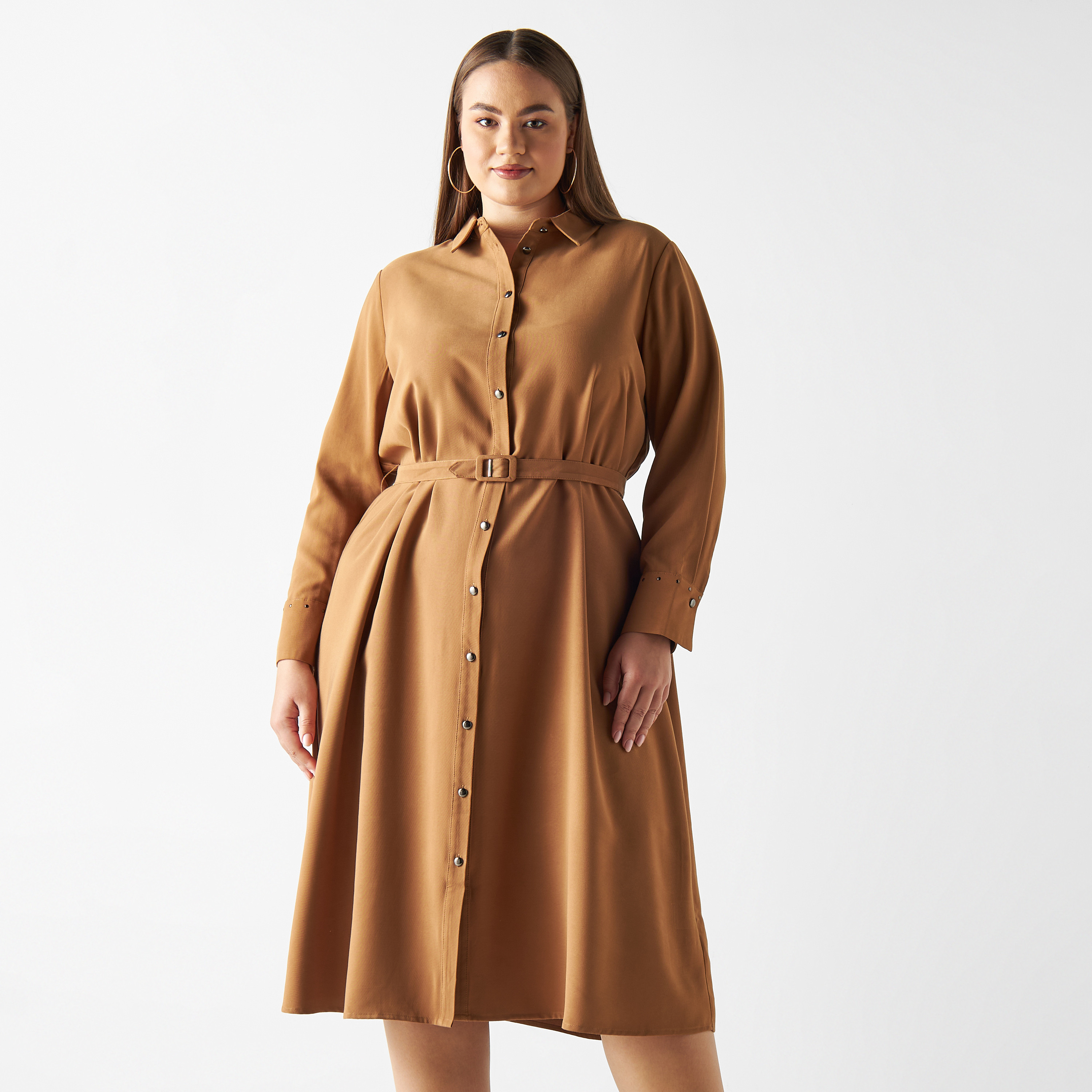 Buy Plus Size Shirt Dress with Belt and Long Sleeves Splash KSA