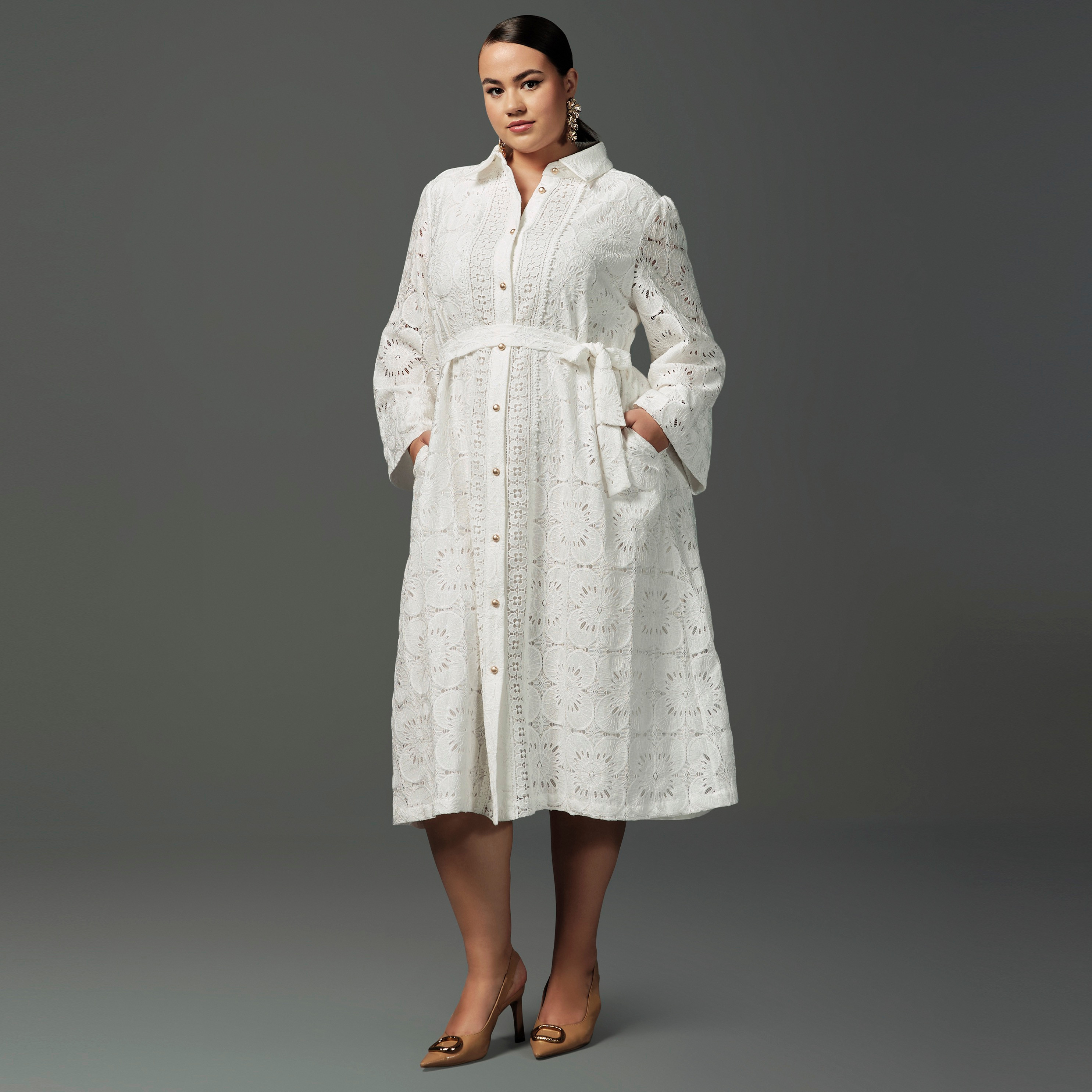 Buy Women s Plus Size Lace Textured Shirt Dress with Tie Up Belt and Long Sleeves Online Centrepoint Bahrain