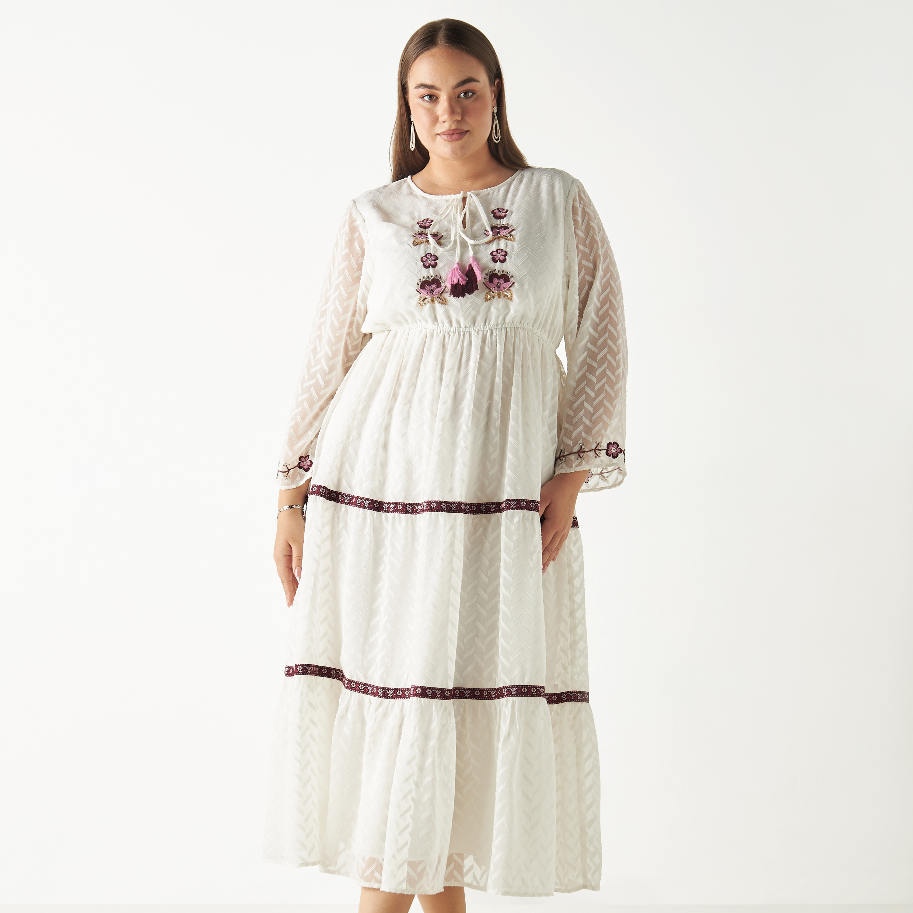 Buy Plus Size Embroidered Tiered Maxi Dress with Elasticated Waist and Neck Tie Up Splash UAE