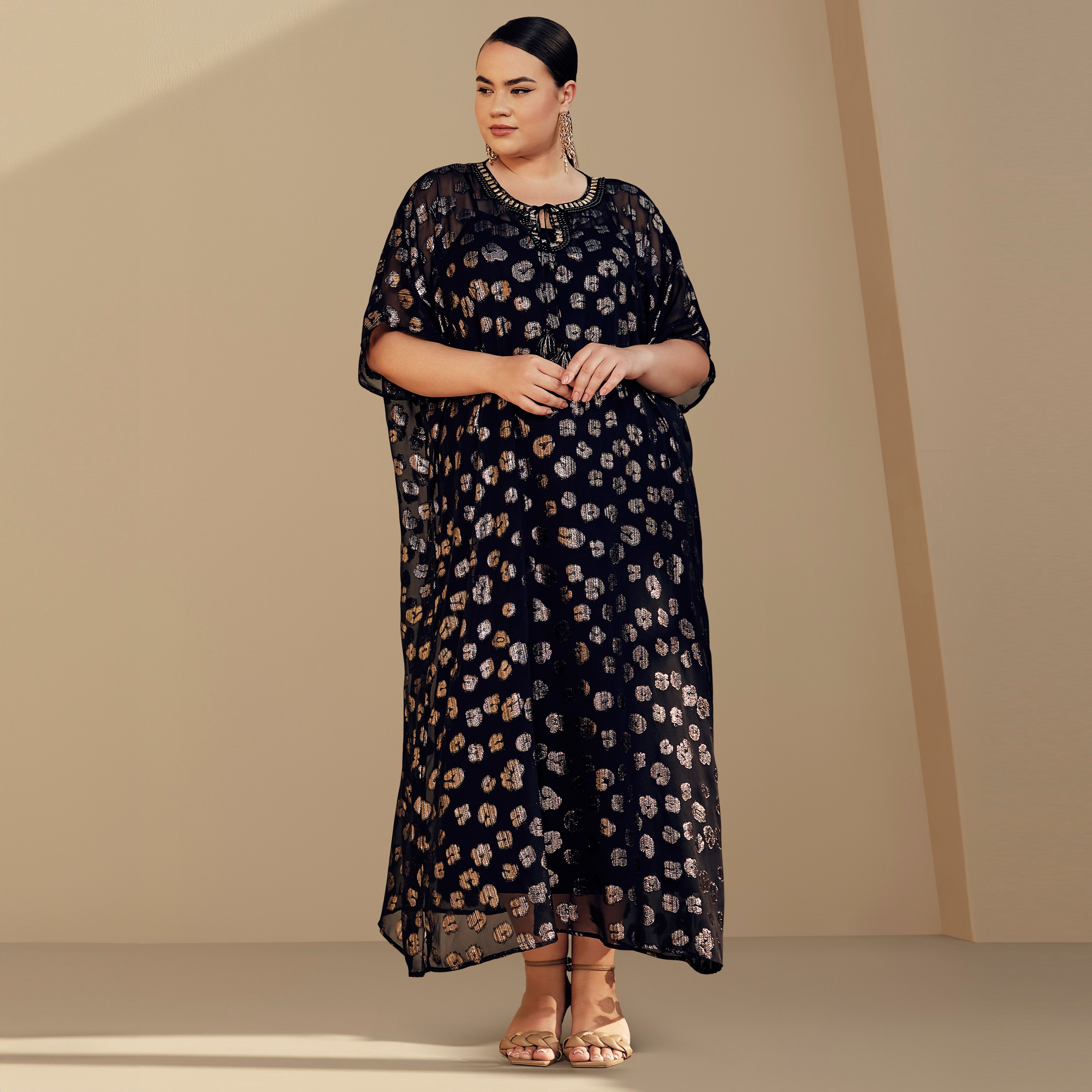 Buy Plus Size All Over Jacquard Textured Kaftan Dress with Tie Up Neck Splash UAE