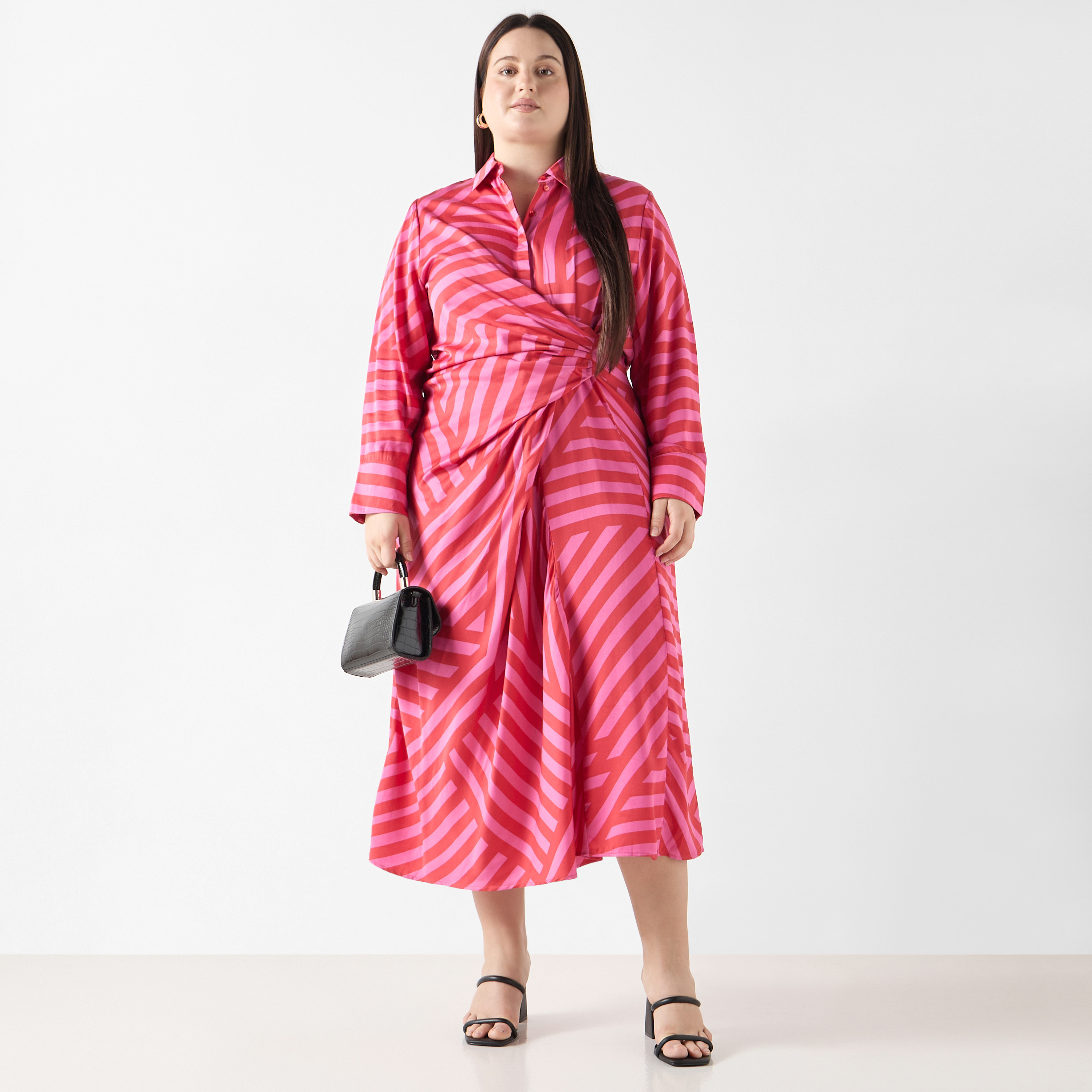 فستان قميص مقاس كبير مخطط بأكمام طويلة وتفاصيل منسدلة من اولا بوبكن-women-clothing-dresses-image-2
