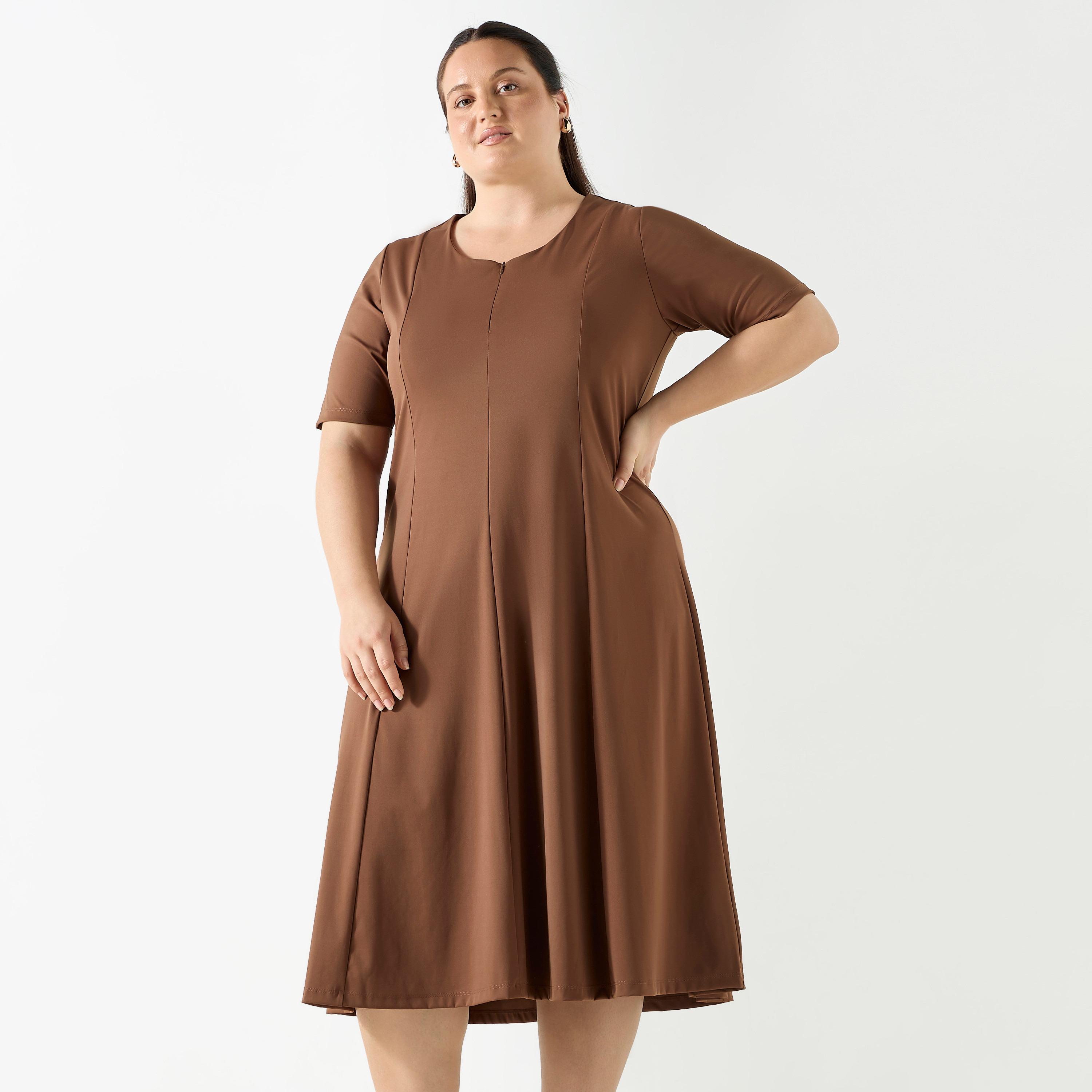 Plus Size Ulla Popken Solid Midi Dress with Short Sleeves and Zip Closure-women-clothing-dresses-image-1