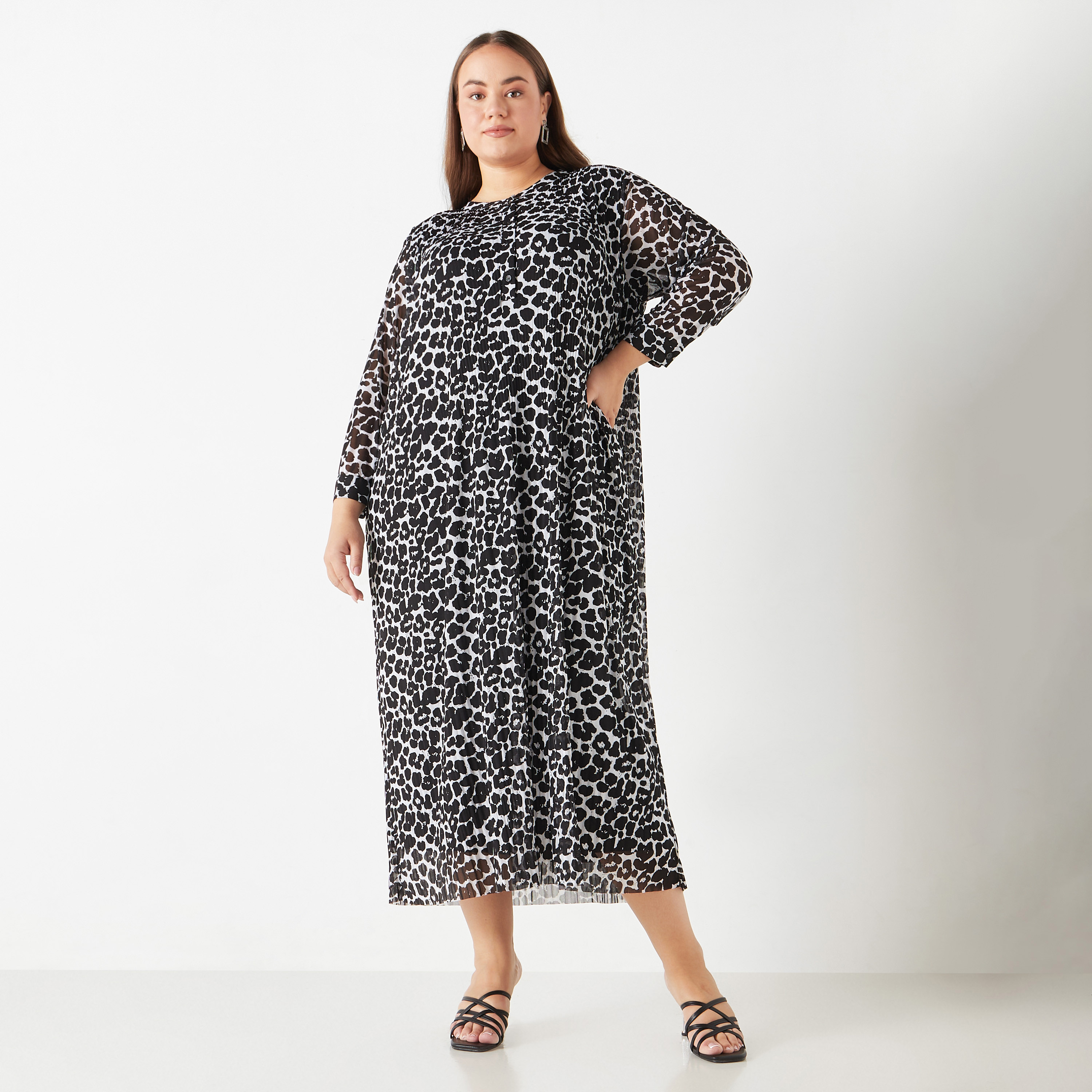 Plus Size Ulla Popken All-Over Animal Print Midi Dress with Long Sleeves-women-clothing-dresses-image-1