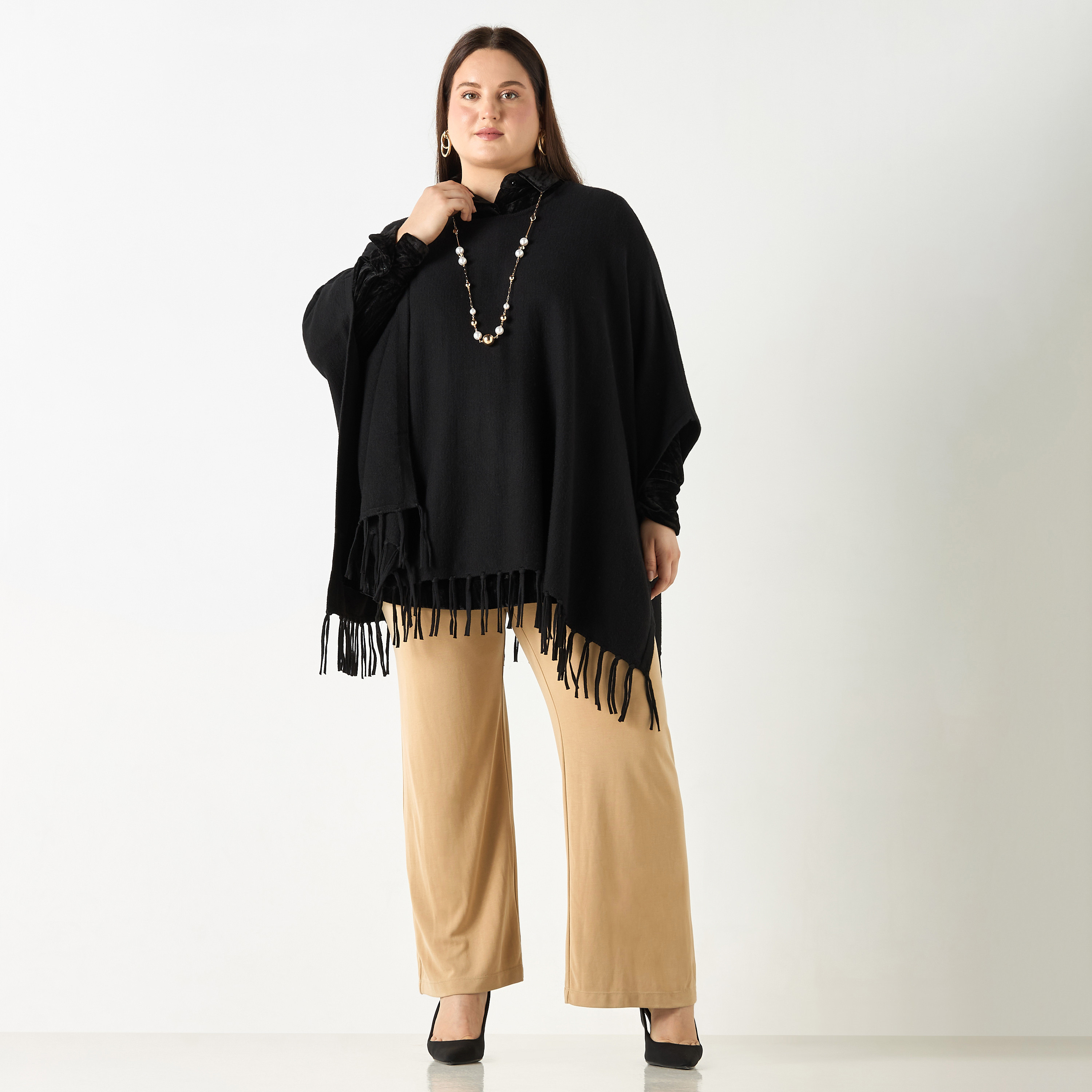 بونشو سادة بياقة مستديرة ومقاس كبير مع شرّابات من أولا بوبكن-women-winterwear-cardigansandjumpers-cardigans-image-7