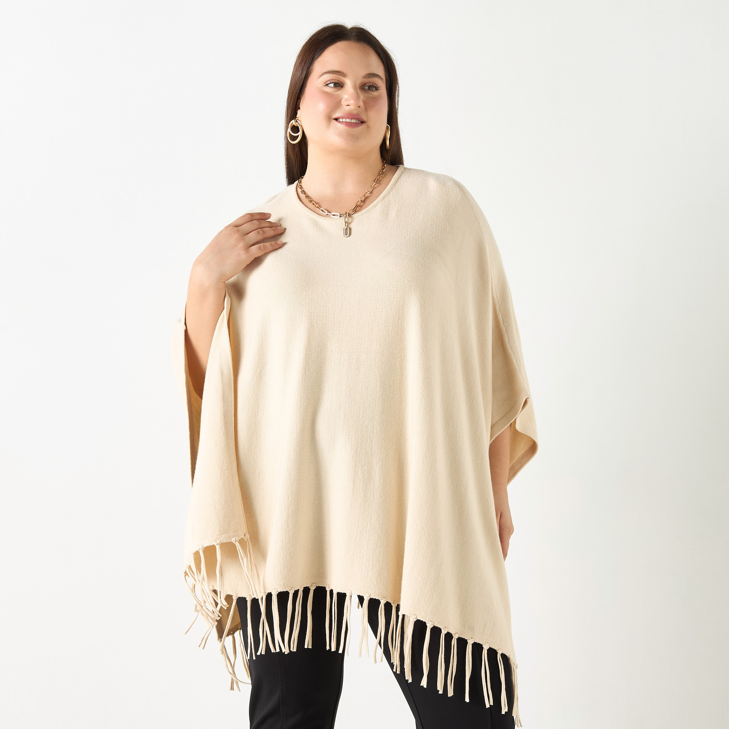 بونشو سادة بياقة مستديرة ومقاس كبير مع شرّابات من أولا بوبكن-women-winterwear-cardigansandjumpers-cardigans-image-1