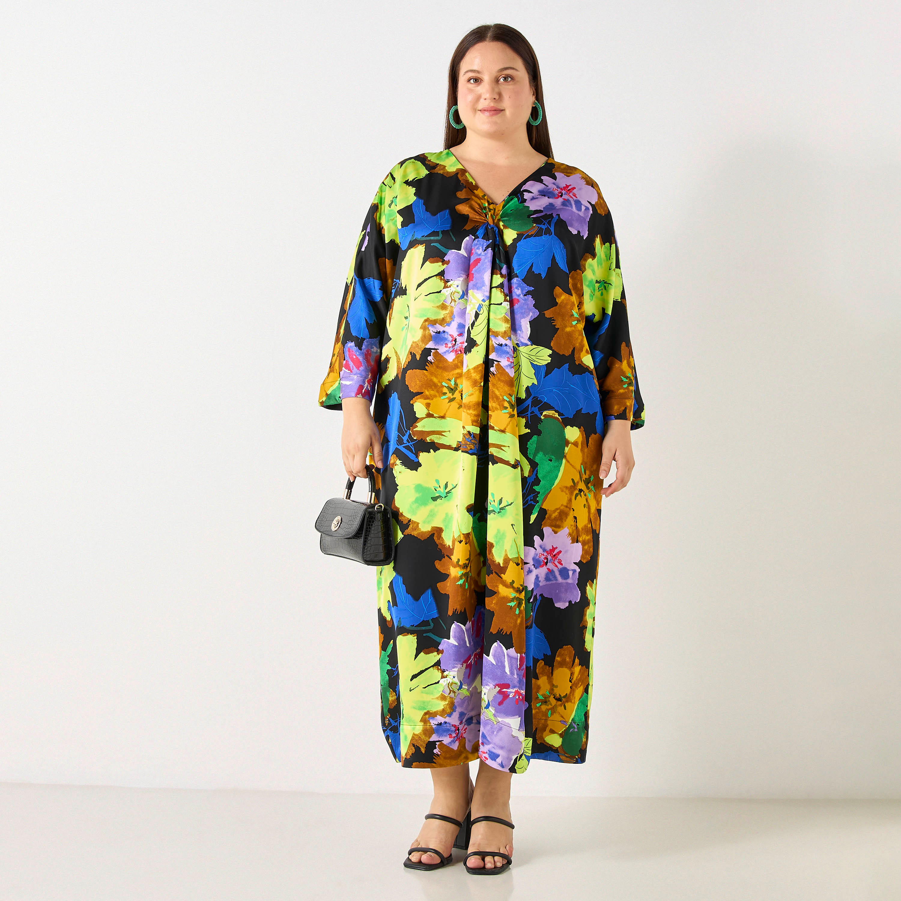 Plus Size Ulla Popken Floral Print Kaftan Viscose Dress with Pockets-women-clothing-dresses-image-1