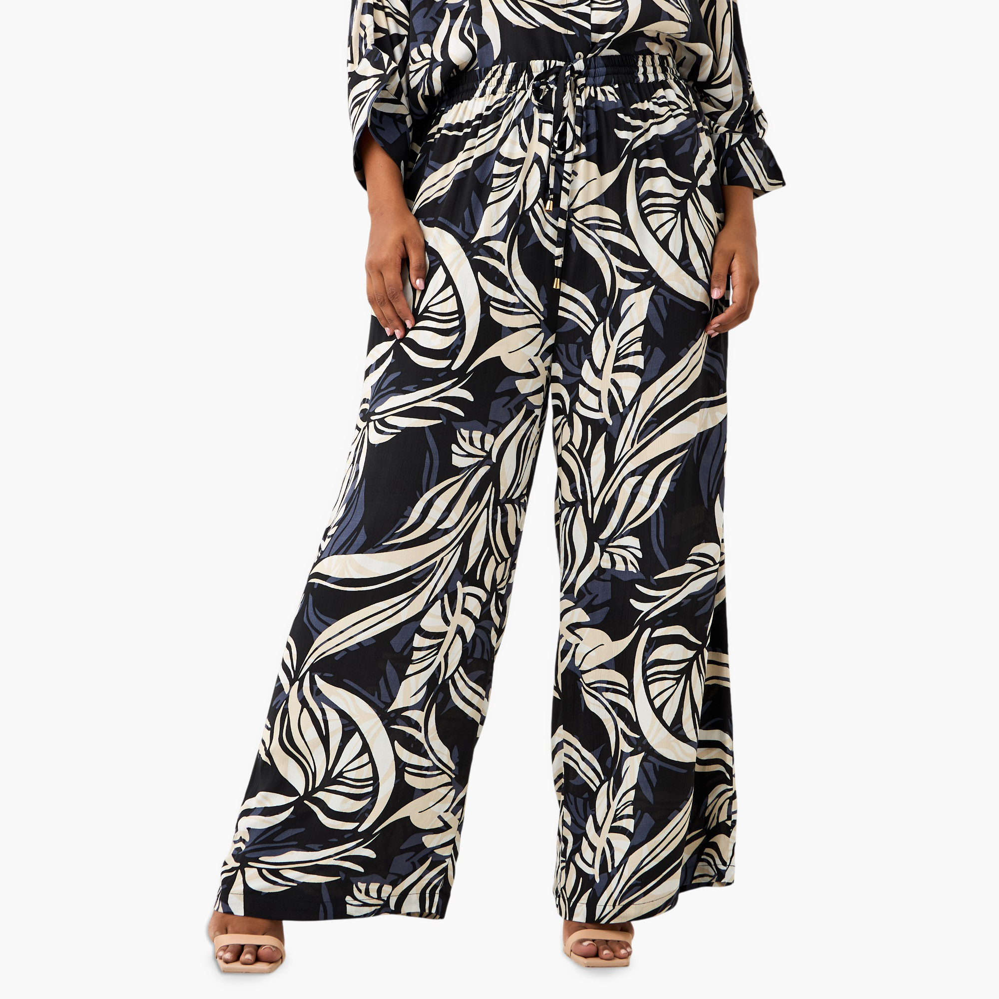 Plus Size Ulla Popken Leaf Print Regular Fit Flexi Waist Pants-women-clothing-coordsets-image-1