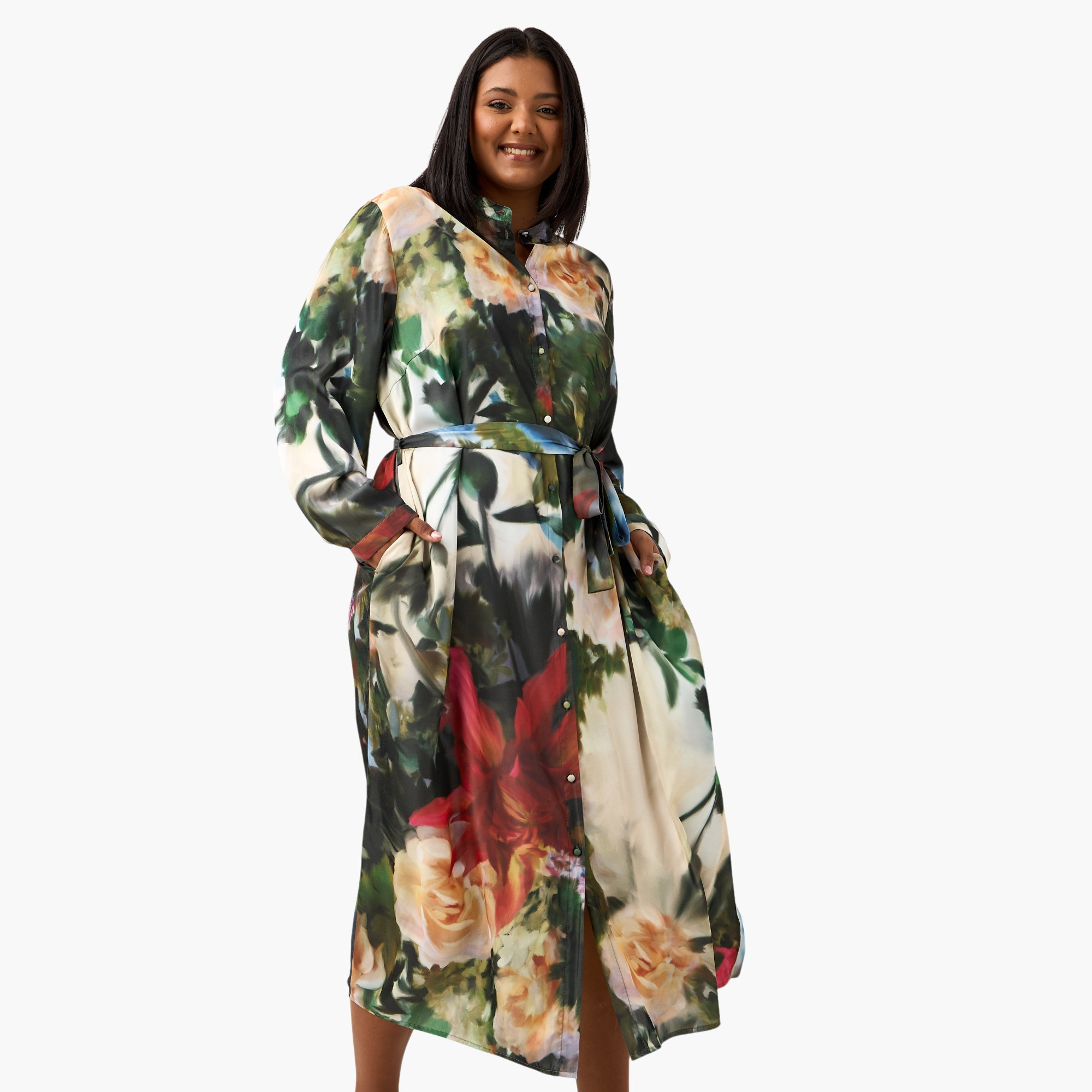 Plus Size Ulla Popken All-Over Floral Print Shirt Dress with Tie-Up Belt-women-clothing-dresses-image-1