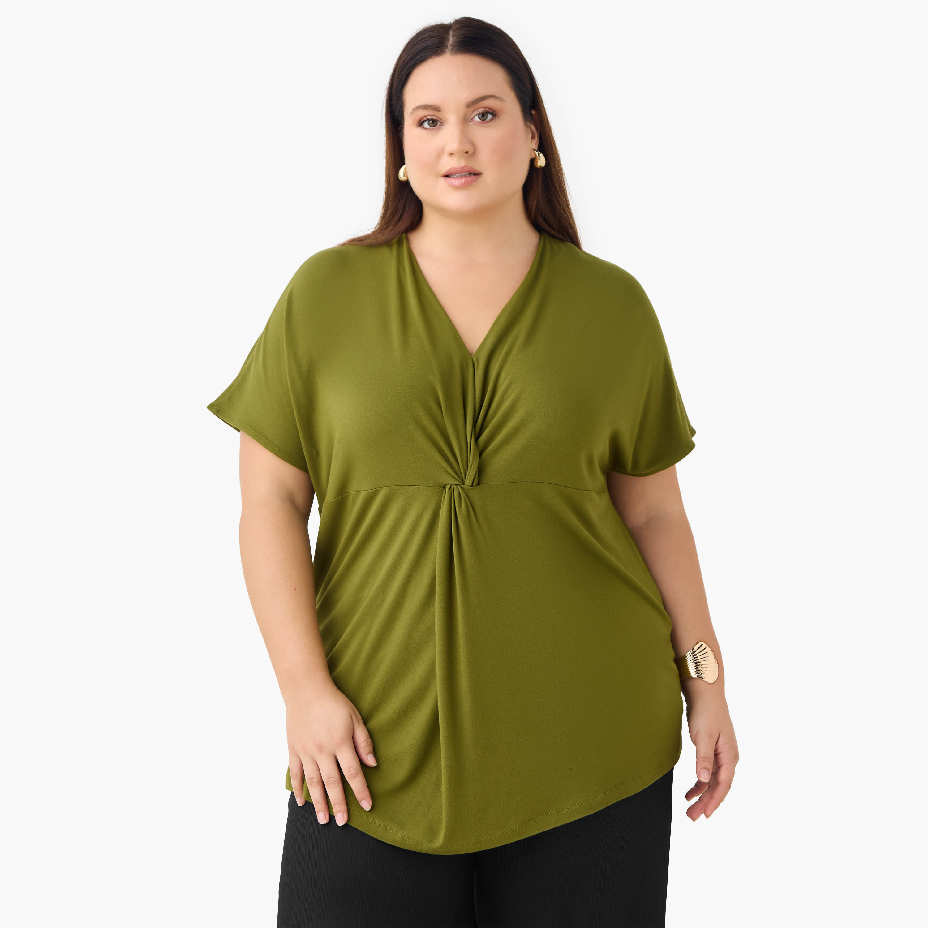 Plus Size Ulla Popken Knot Detail V-neck Top-women-clothing-shirtsandblouses-blouses-image-1
