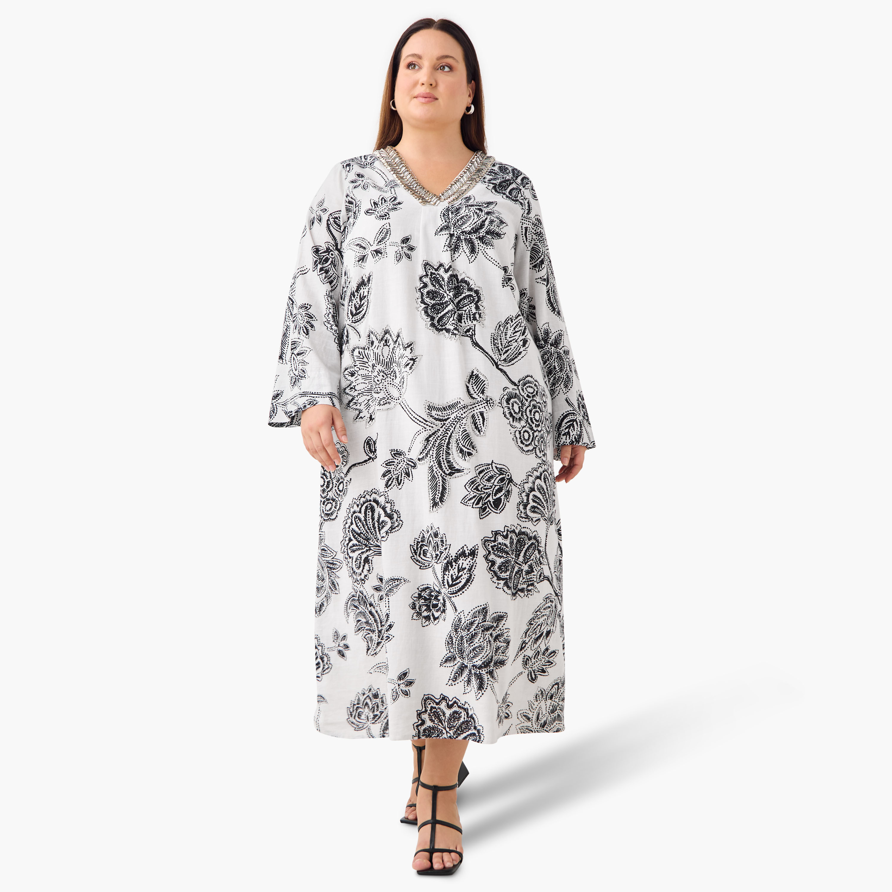 Plus Size Ulla Popken Embellished V-neck Maxi Kaftan Cotton Dress-women-clothing-dresses-image-1