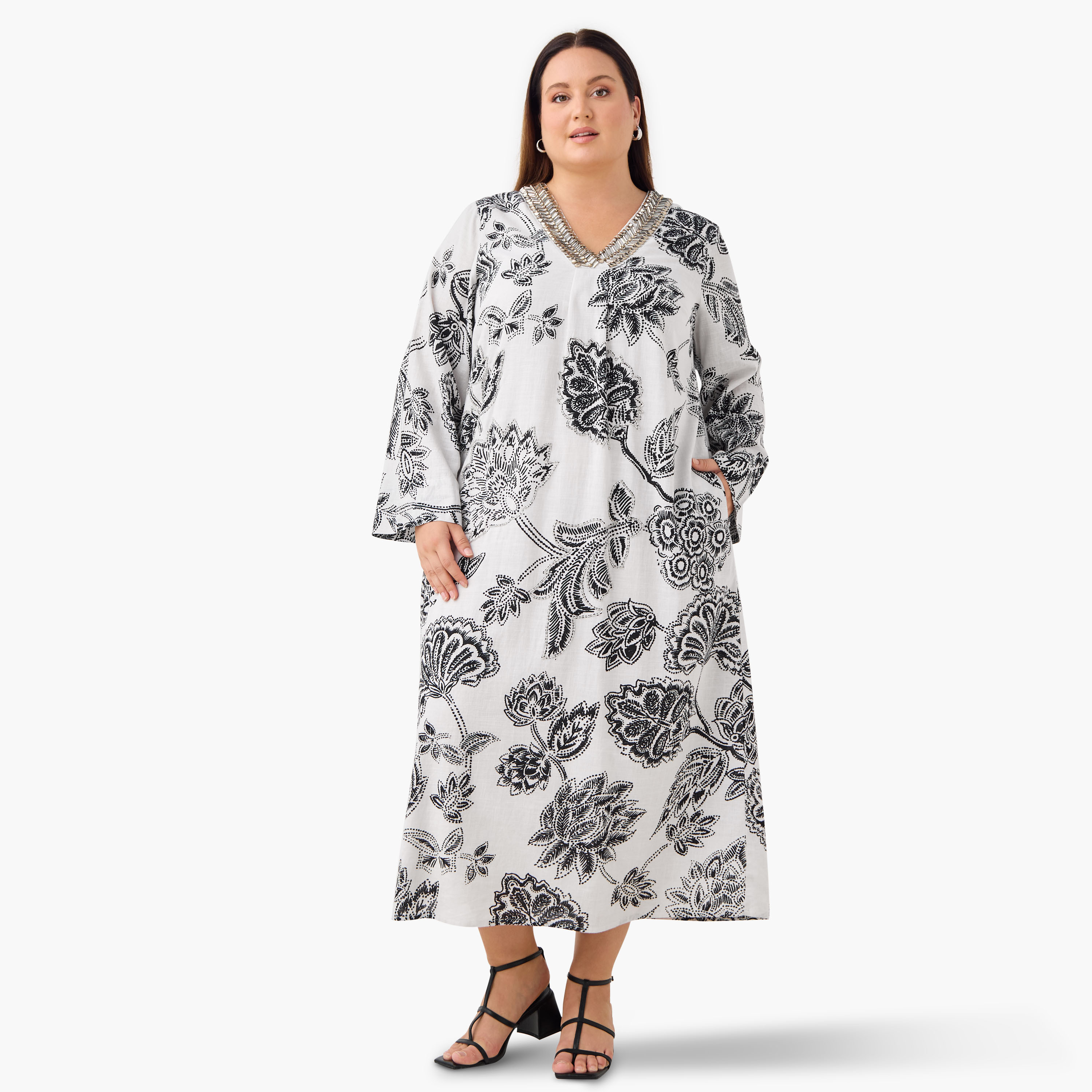 Plus Size Ulla Popken Embellished V-neck Maxi Kaftan Cotton Dress-women-clothing-dresses-image-2