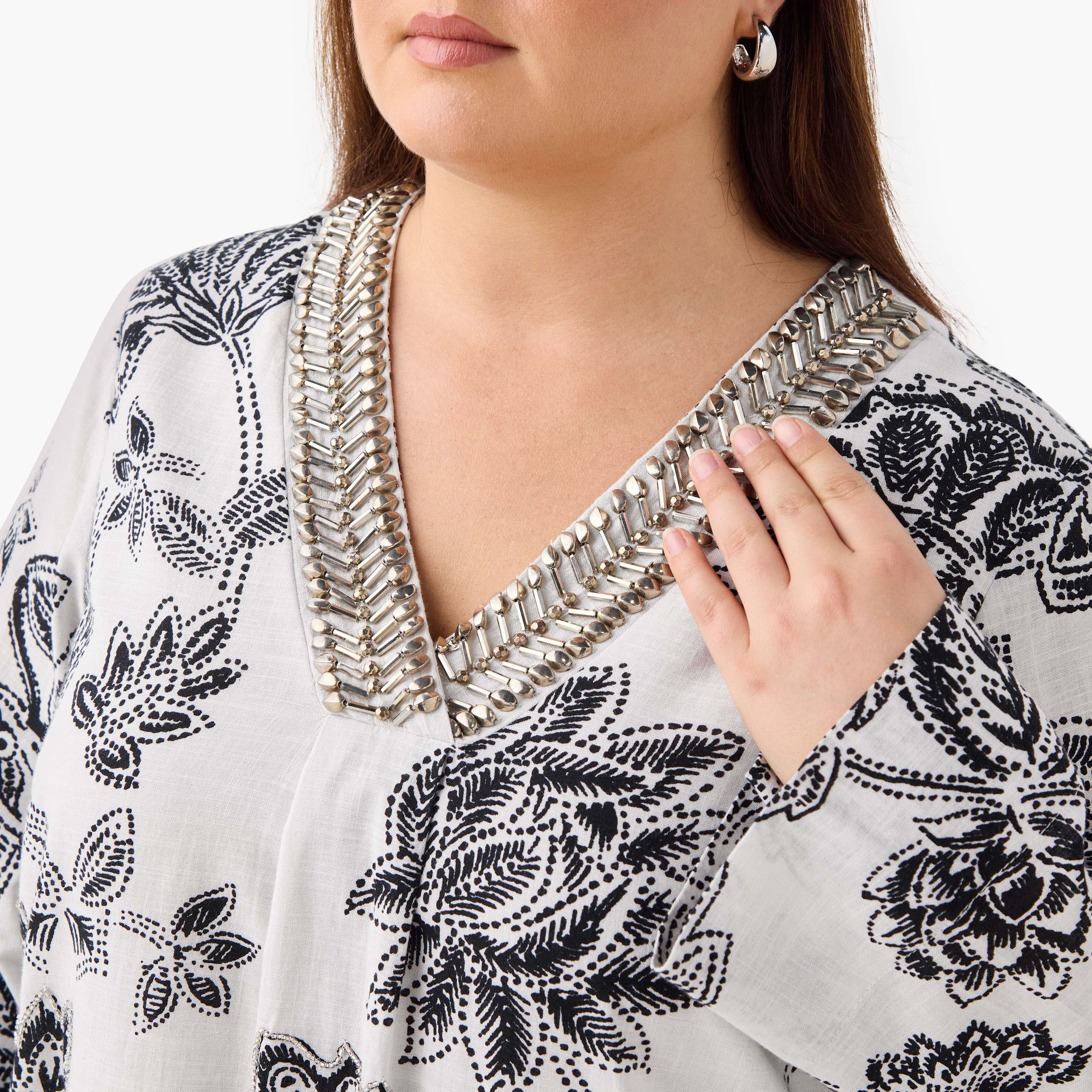 Plus Size Ulla Popken Embellished V-neck Maxi Kaftan Cotton Dress-women-clothing-dresses-image-4