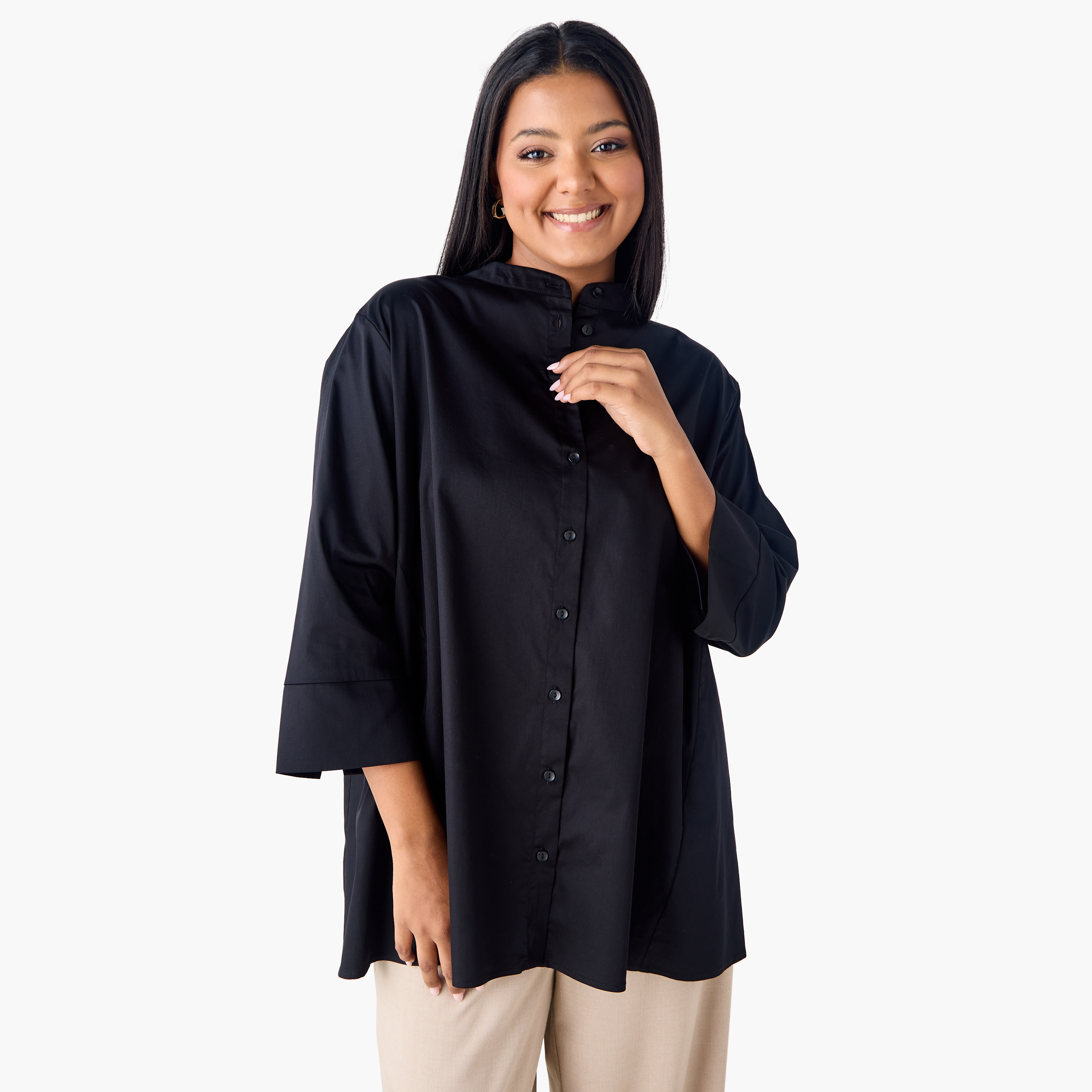 Plus Size Ulla Popken Shirt with Mandarin Collar and 3/4 Sleeves-women-clothing-shirtsandblouses-shirts-image-1