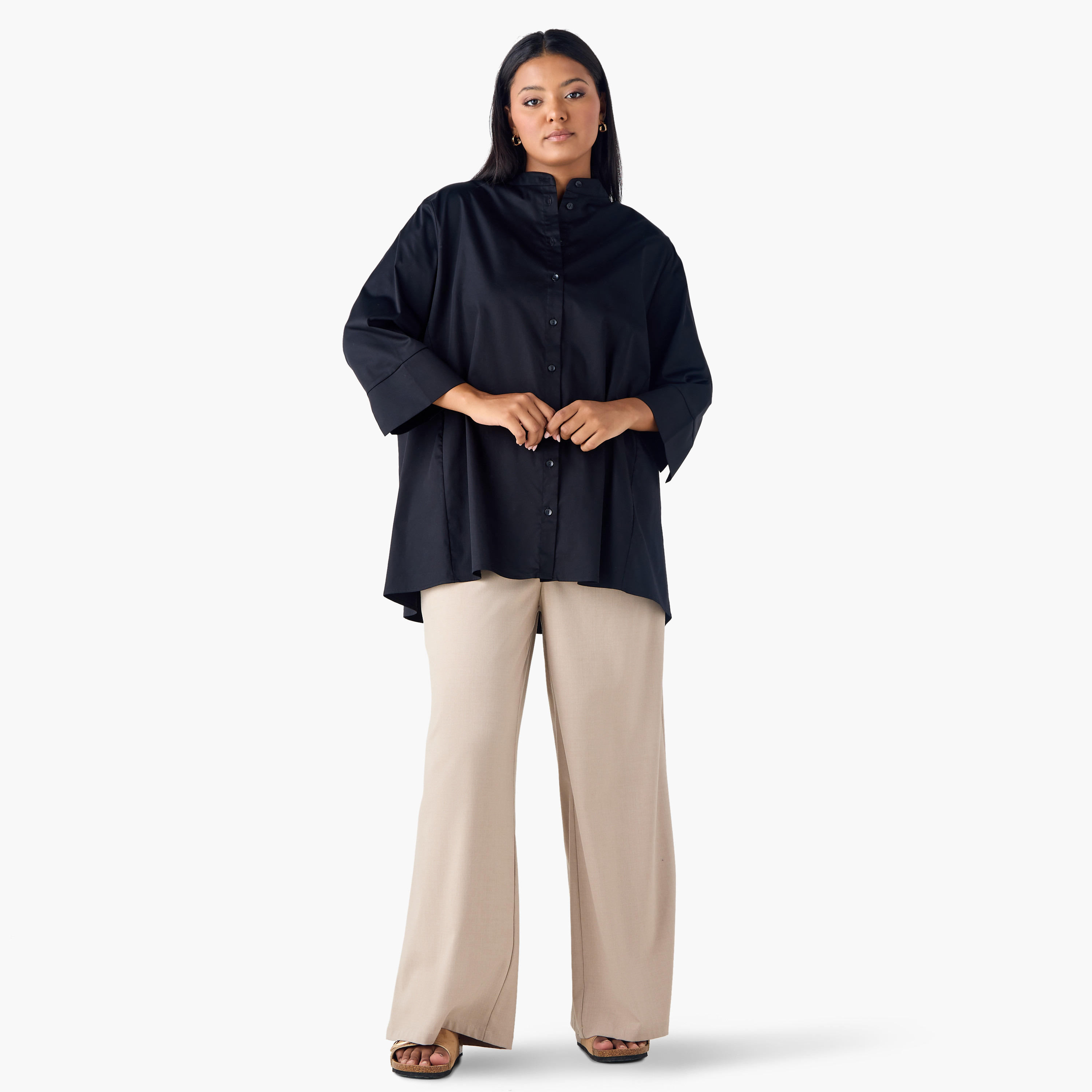 Plus Size Ulla Popken Shirt with Mandarin Collar and 3/4 Sleeves-women-clothing-shirtsandblouses-shirts-image-2