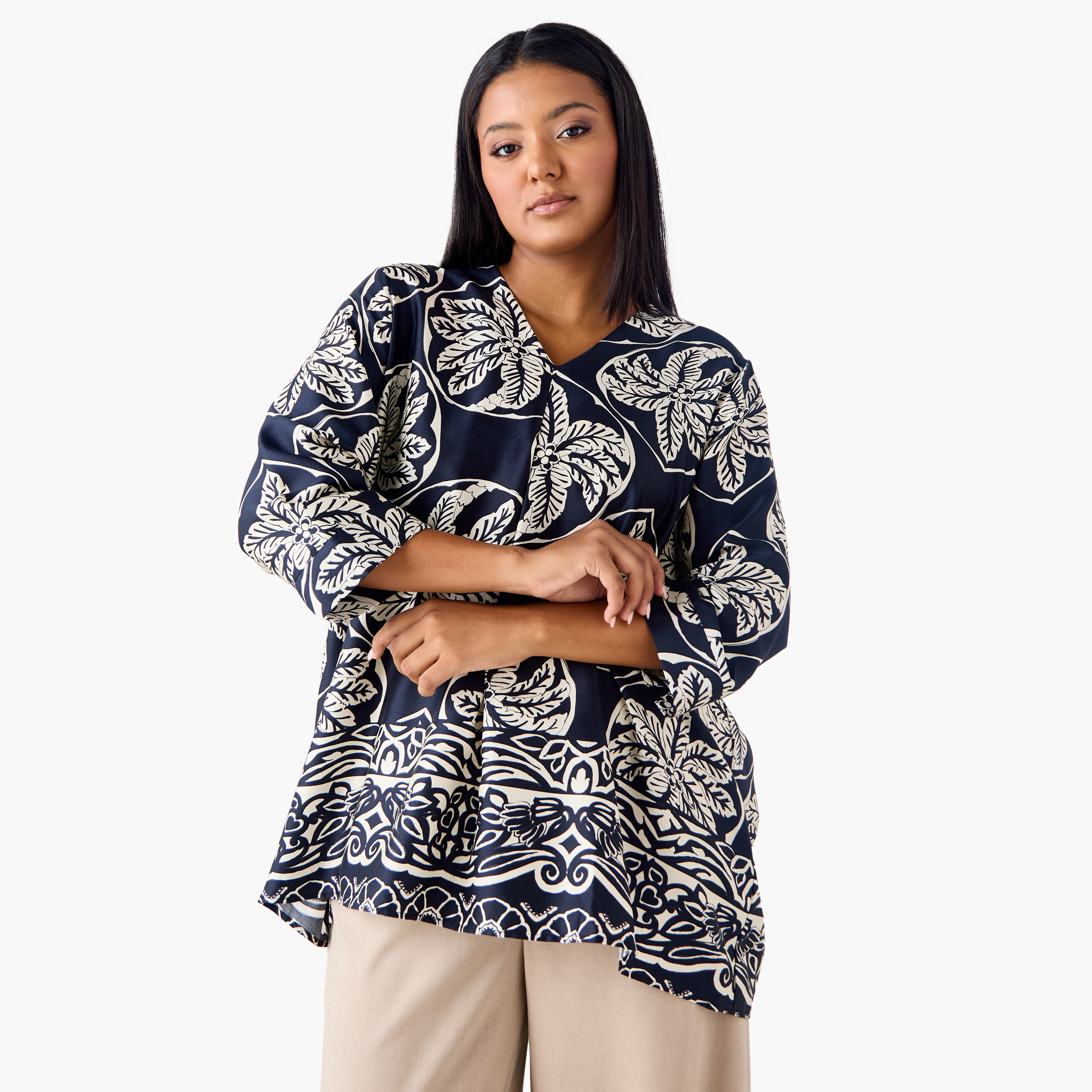 Plus Size Ulla Popken Printed V-neck Top with 3/4 Sleeves-women-clothing-shirtsandblouses-blouses-image-1
