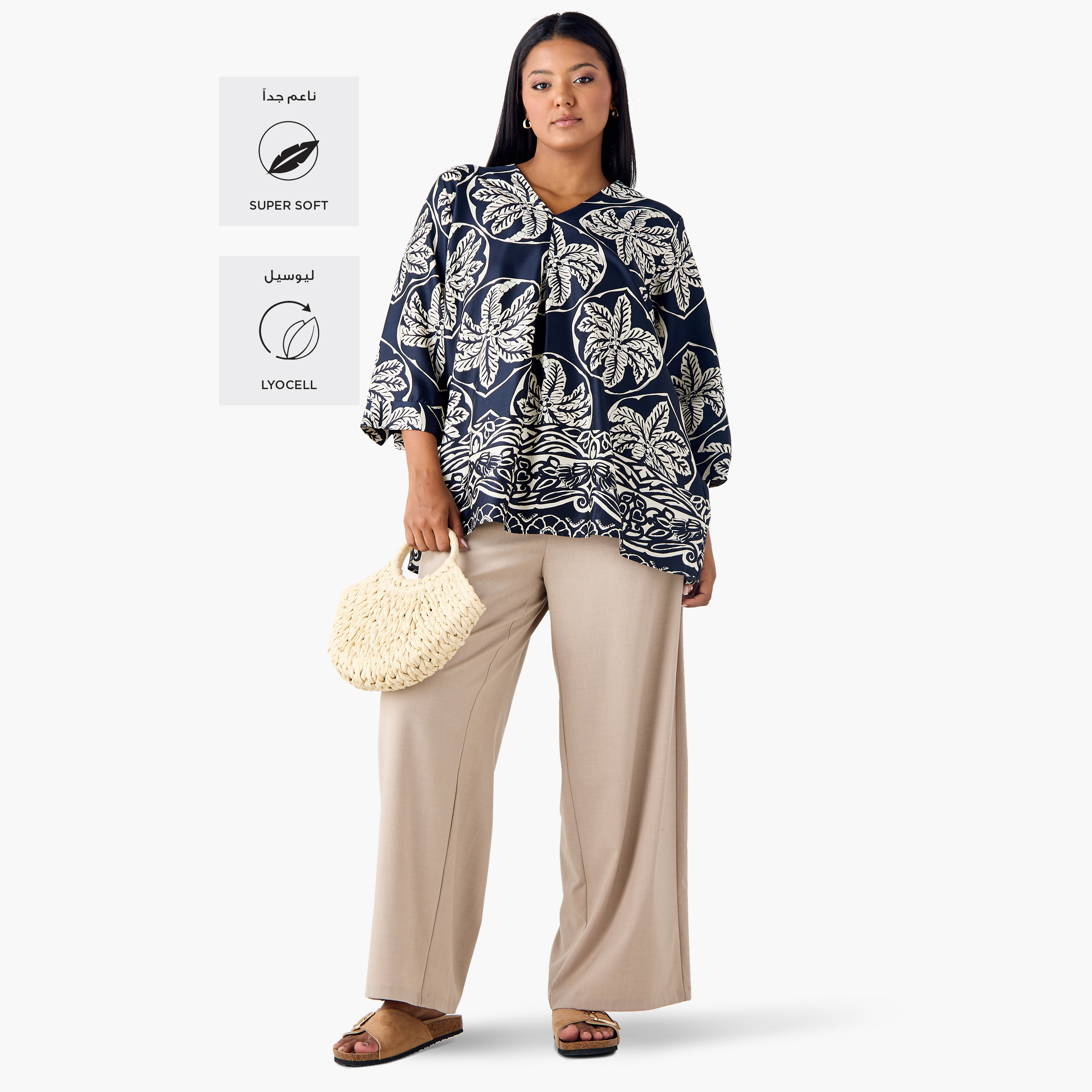 Plus Size Ulla Popken Printed V-neck Top with 3/4 Sleeves-women-clothing-shirtsandblouses-blouses-image-2