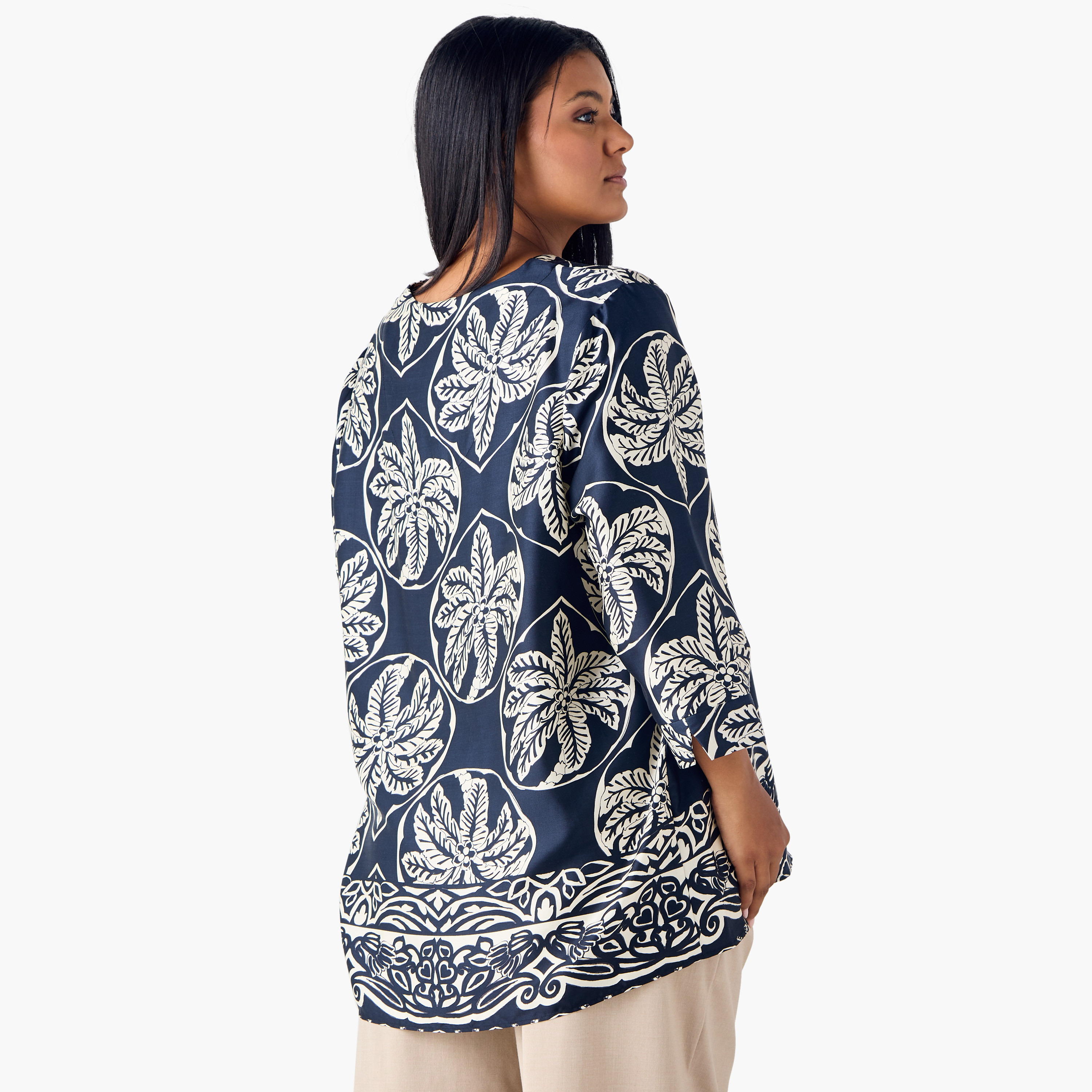 Plus Size Ulla Popken Printed V-neck Top with 3/4 Sleeves-women-clothing-shirtsandblouses-blouses-image-3