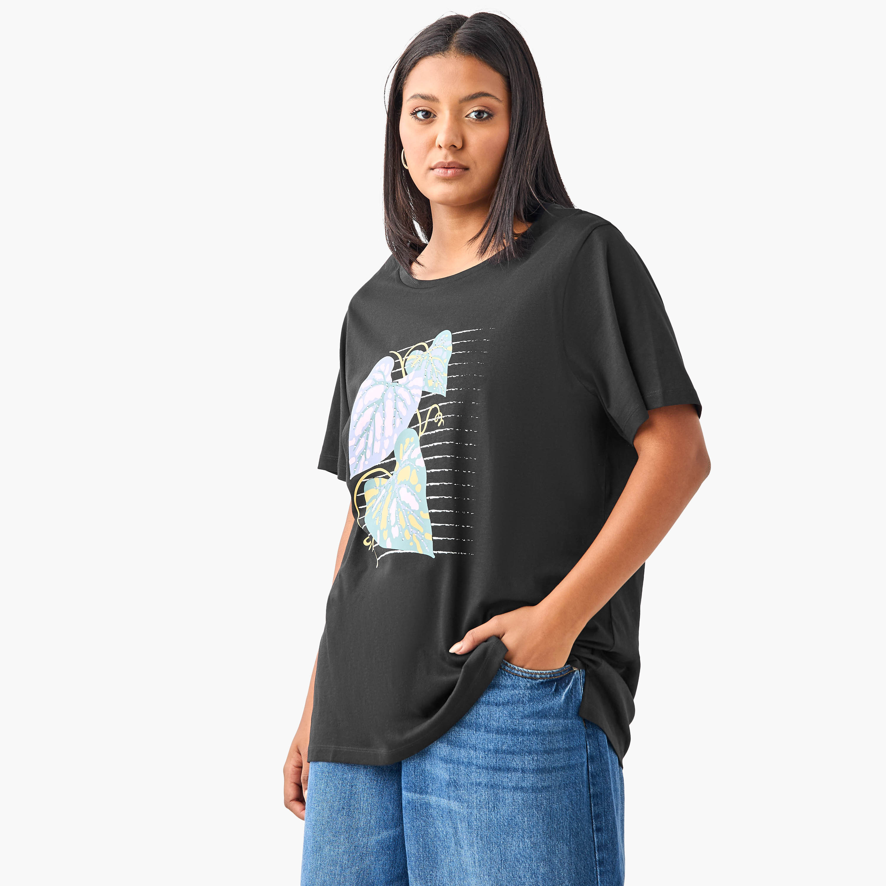 Plus Size Ulla Popken Leaf Print Cotton T-shirt-women-clothing-plussize-tshirts-image-1