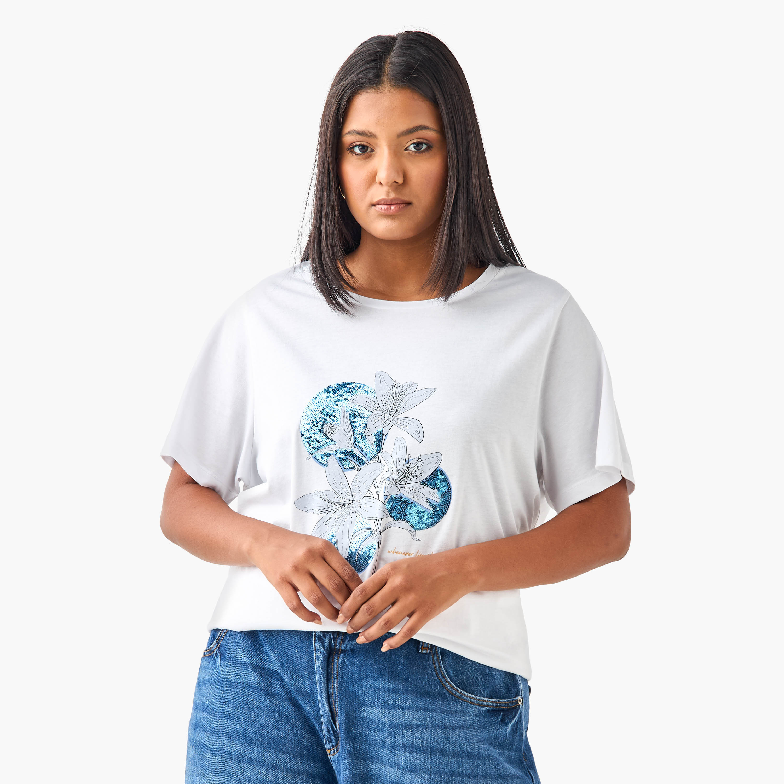 Plus Size Ulla Popken Embellished Floral Print T-shirt-women-clothing-plussize-tshirts-image-1