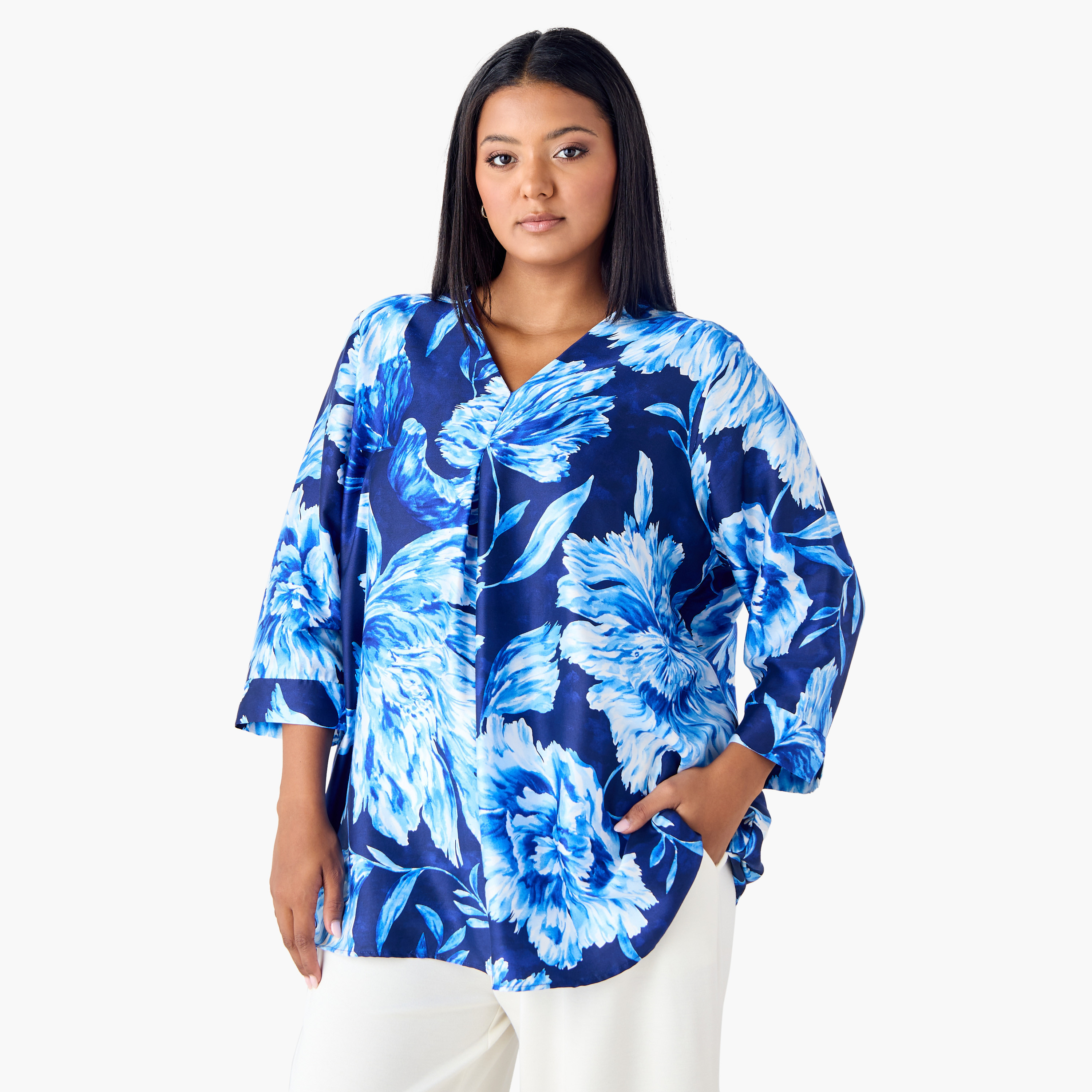 Plus Size Ulla Popken Printed V-neck Top with 3/4 Sleeves-women-clothing-shirtsandblouses-blouses-image-1