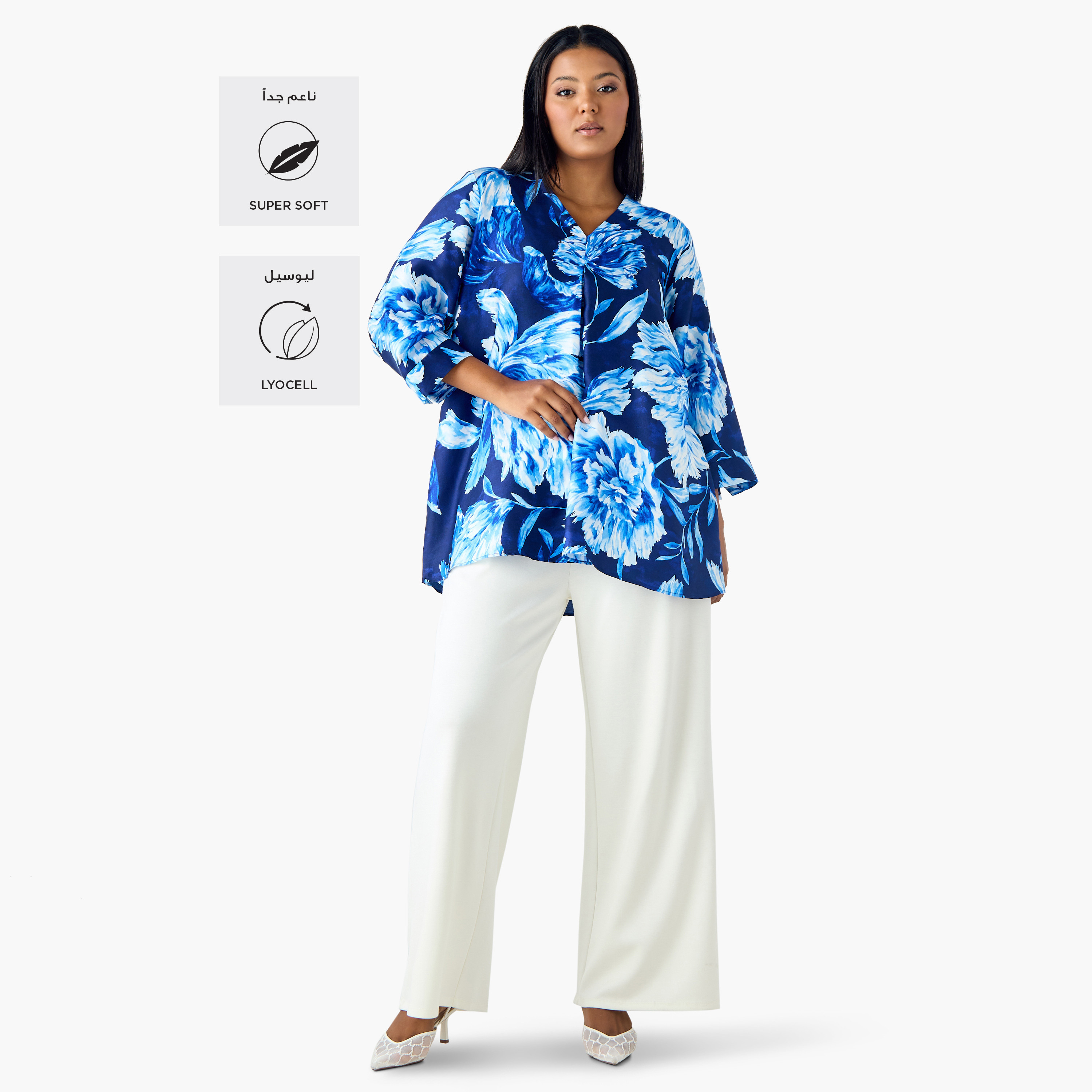Plus Size Ulla Popken Printed V-neck Top with 3/4 Sleeves-women-clothing-shirtsandblouses-blouses-image-2