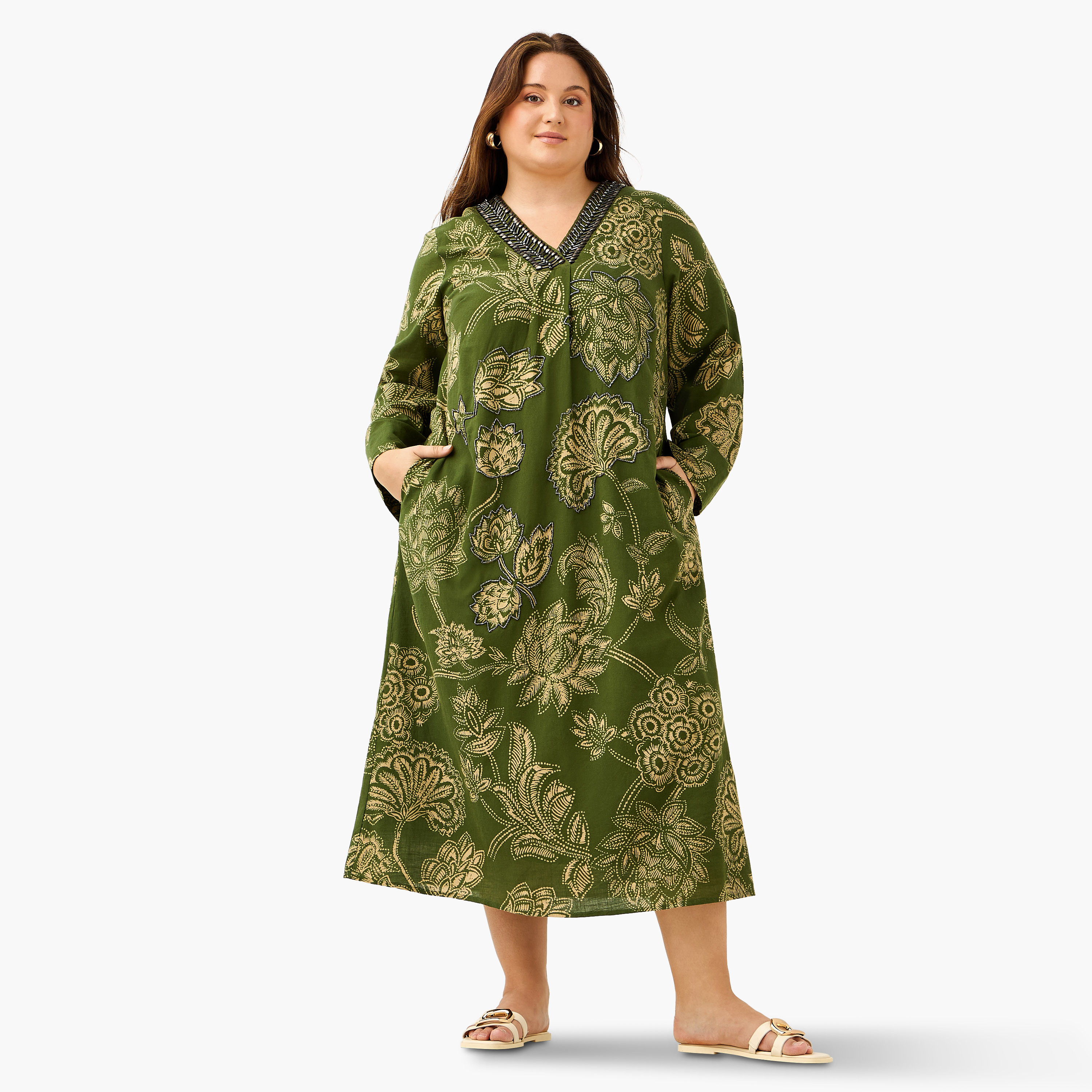 Plus Size Ulla Popken Floral Print Kaftan Cotton Dress with Neck Embellishment-women-clothing-dresses-image-1