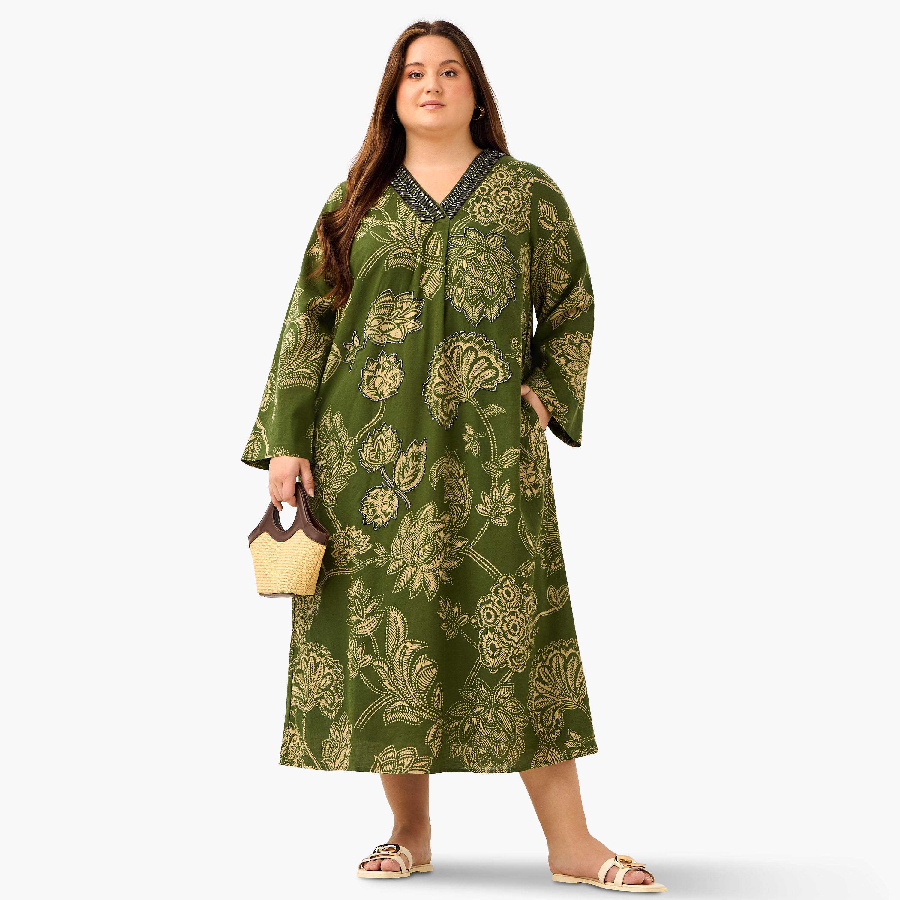 Plus Size Ulla Popken Floral Print Kaftan Cotton Dress with Neck Embellishment-women-clothing-dresses-image-2