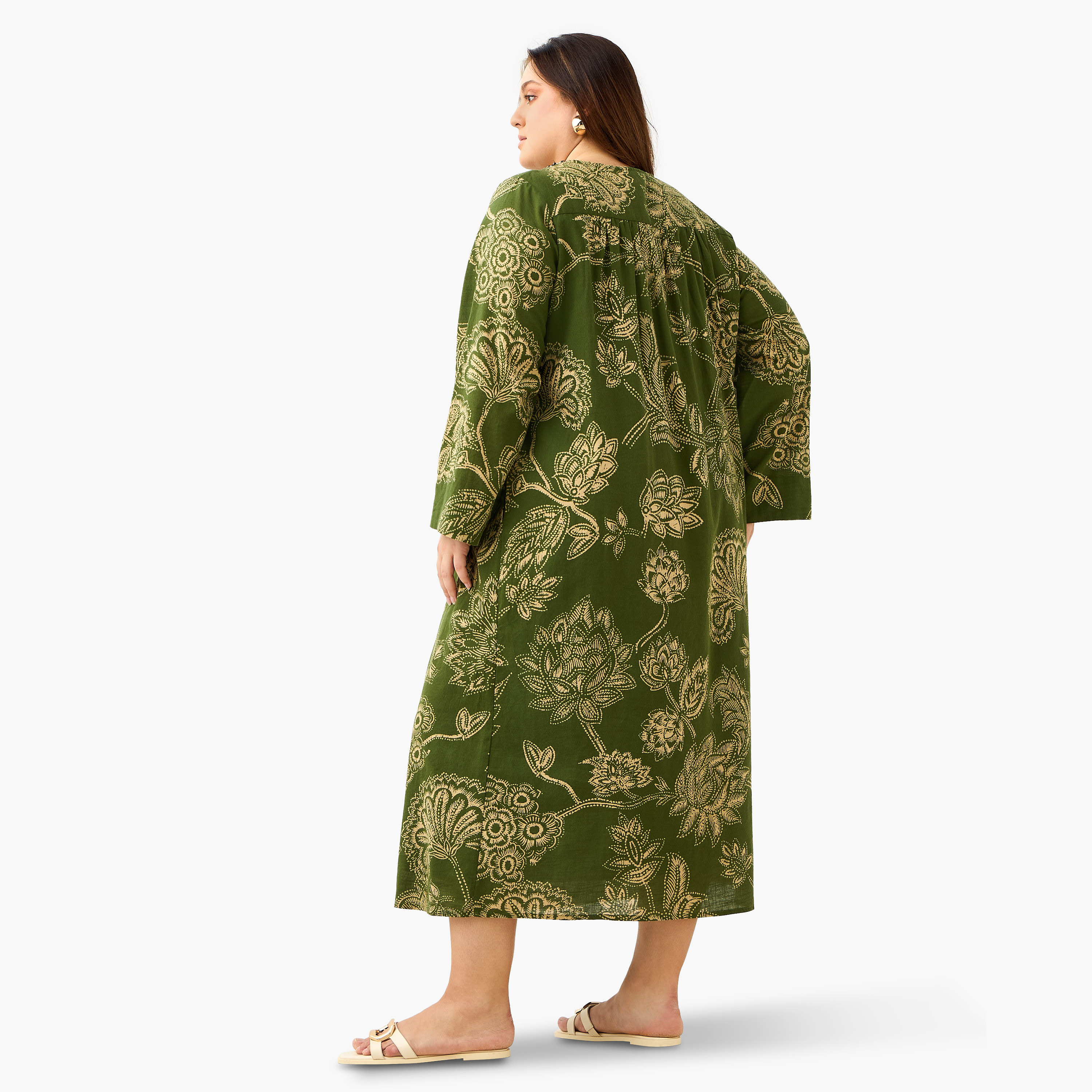 Plus Size Ulla Popken Floral Print Kaftan Cotton Dress with Neck Embellishment-women-clothing-dresses-image-3