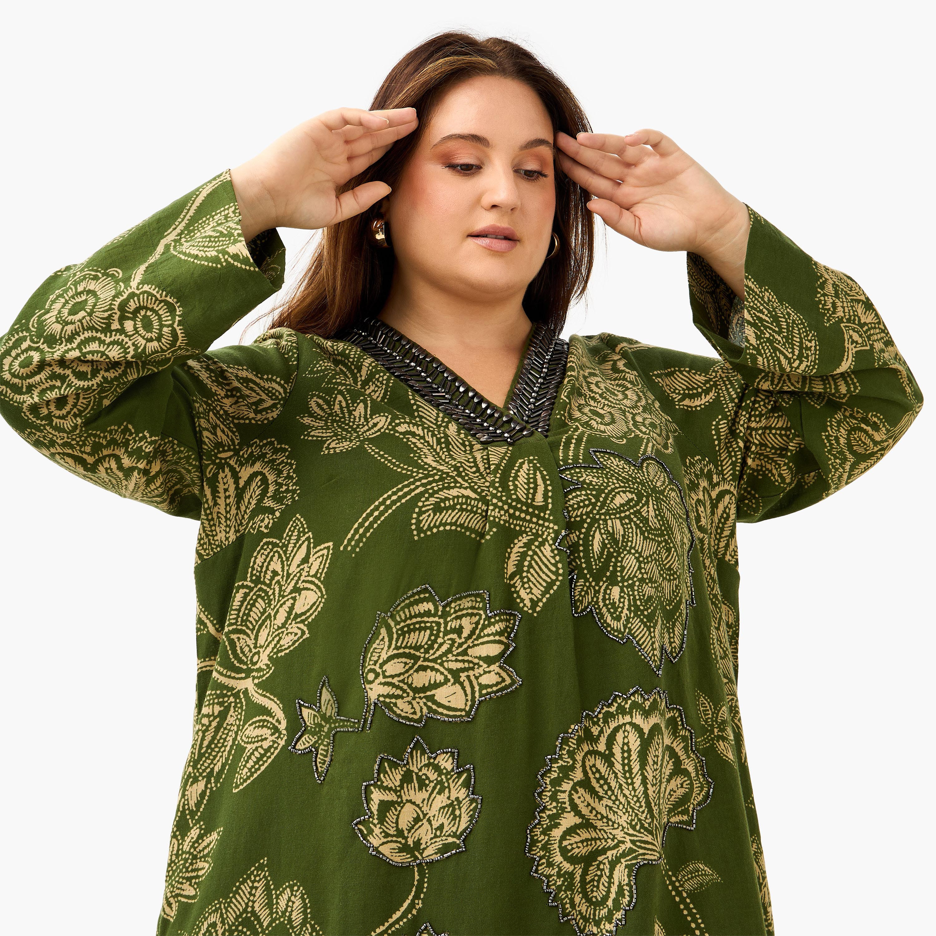 Plus Size Ulla Popken Floral Print Kaftan Cotton Dress with Neck Embellishment-women-clothing-dresses-image-4