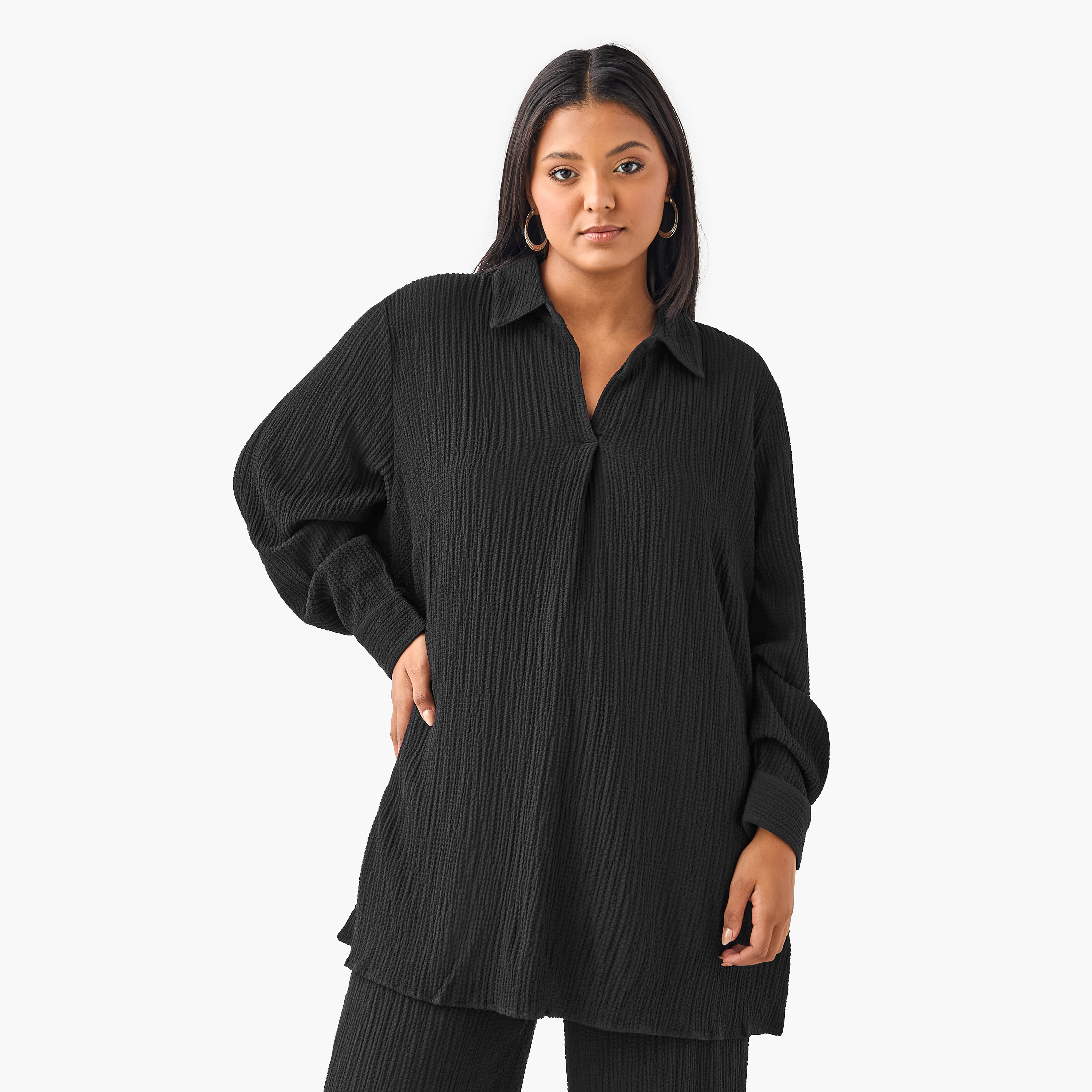 Plus Size Ulla Popken Regular Fit Textured Shirt with Long Sleeves-women-clothing-shirtsandblouses-shirts-image-1