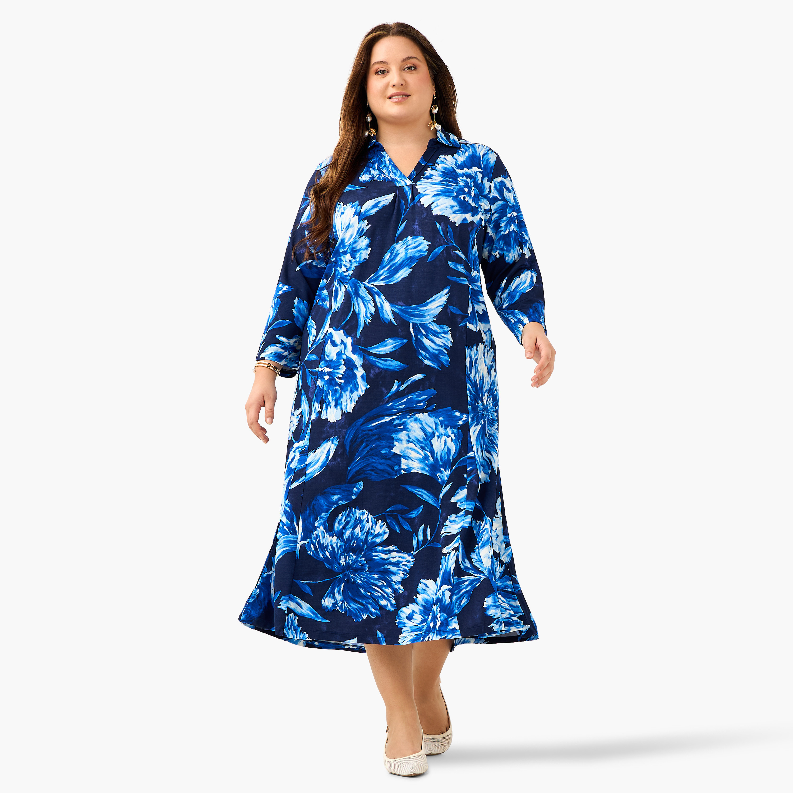 Plus Size Ulla Popken Floral Print Collared Dress-women-clothing-dresses-image-1