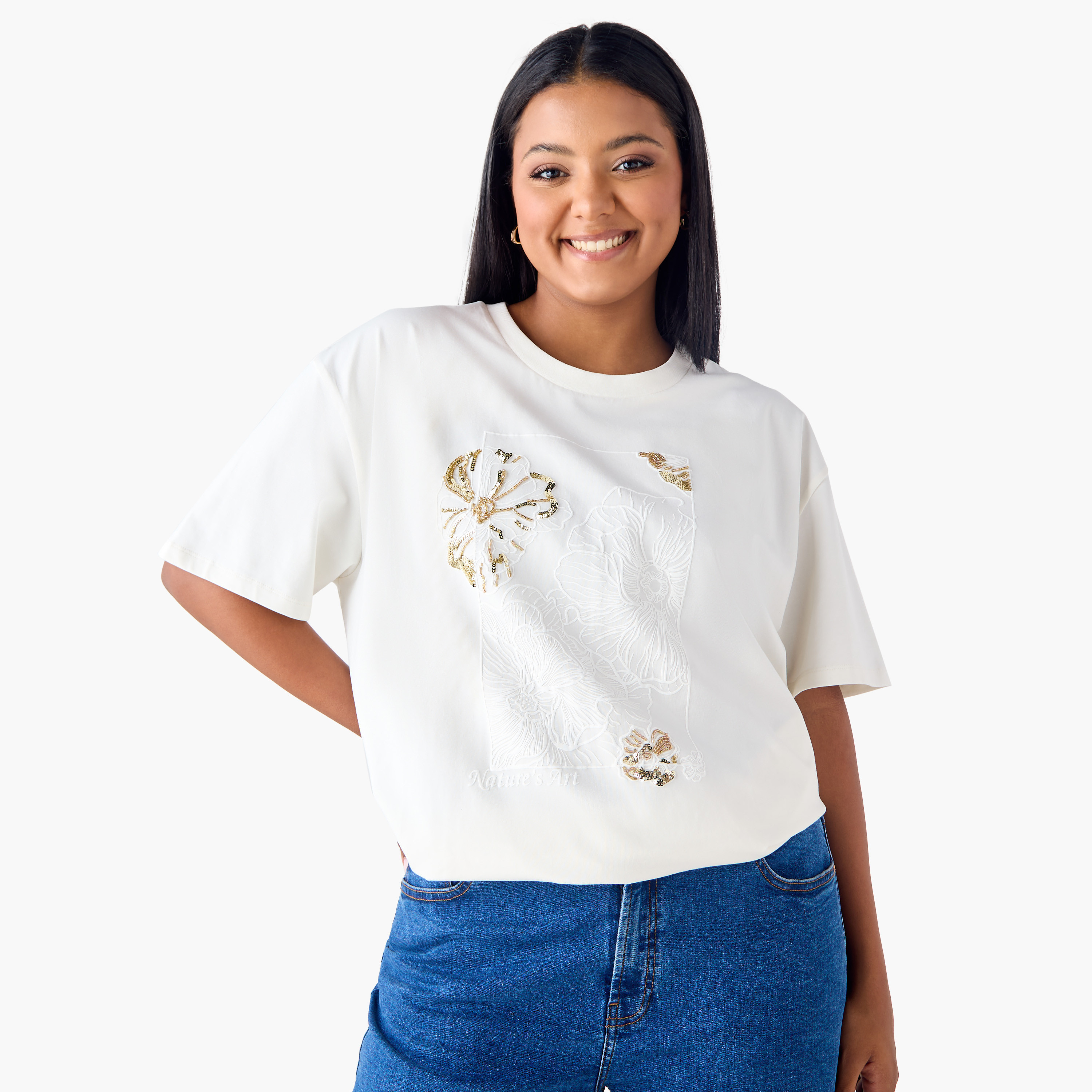 Plus Size Ulla Popken Floral Embellished T-shirt with Crew Neck-women-clothing-tshirts-image-1