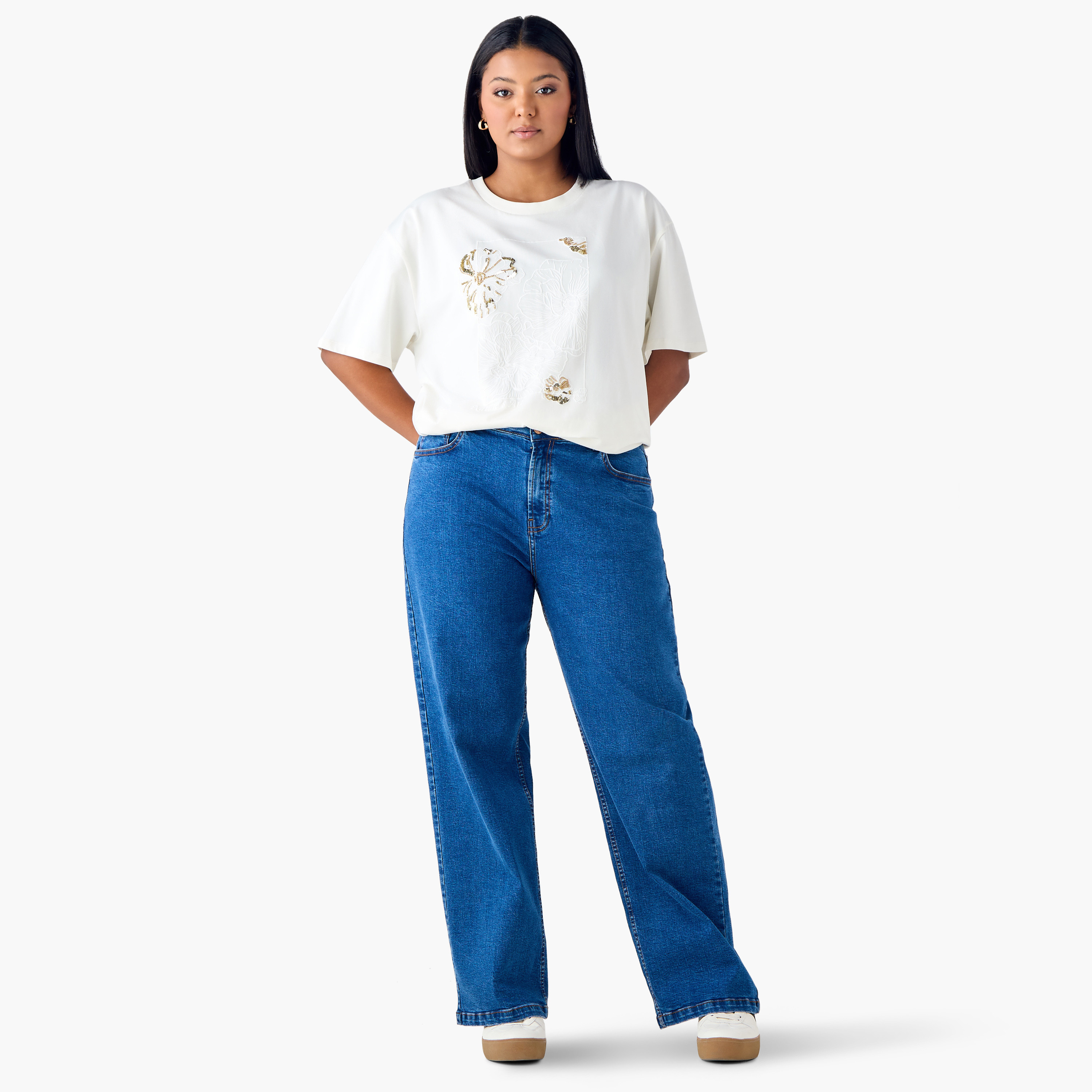 Plus Size Ulla Popken Floral Embellished T-shirt with Crew Neck-women-clothing-tshirts-image-2