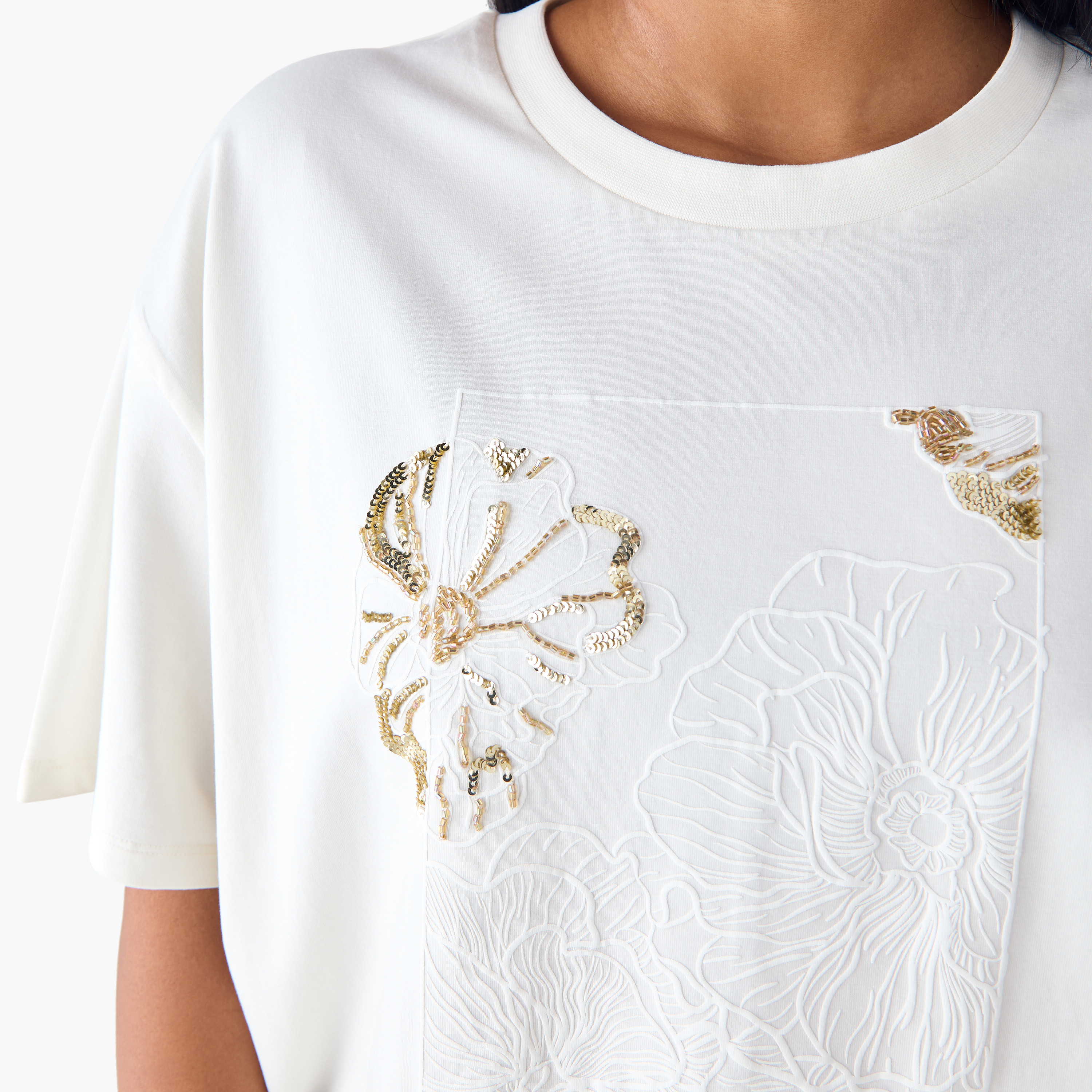 Plus Size Ulla Popken Floral Embellished T-shirt with Crew Neck-women-clothing-tshirts-image-4