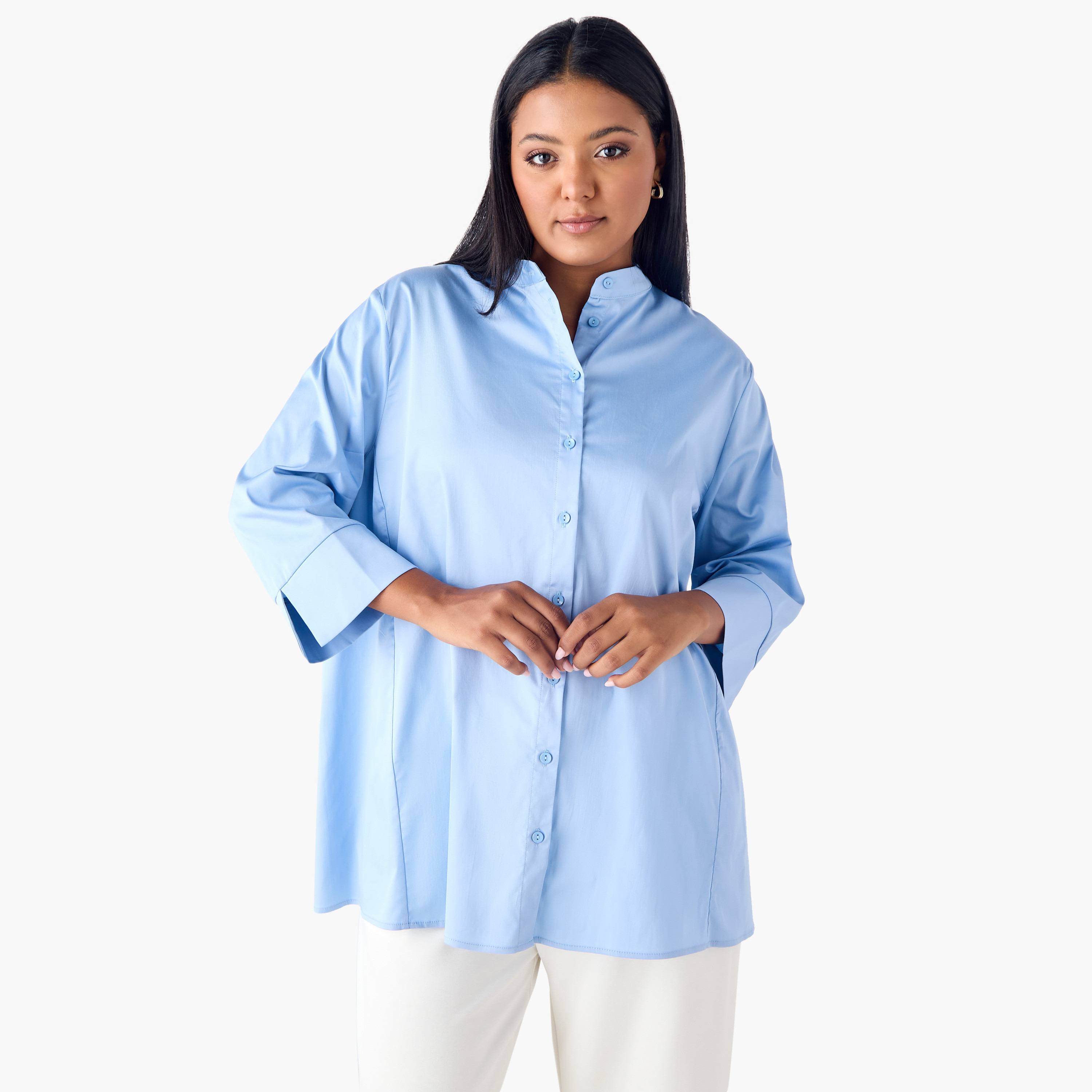 Plus Size Ulla Popken Shirt with Mandarin Collar and 3/4 Sleeves-women-clothing-shirtsandblouses-shirts-image-1