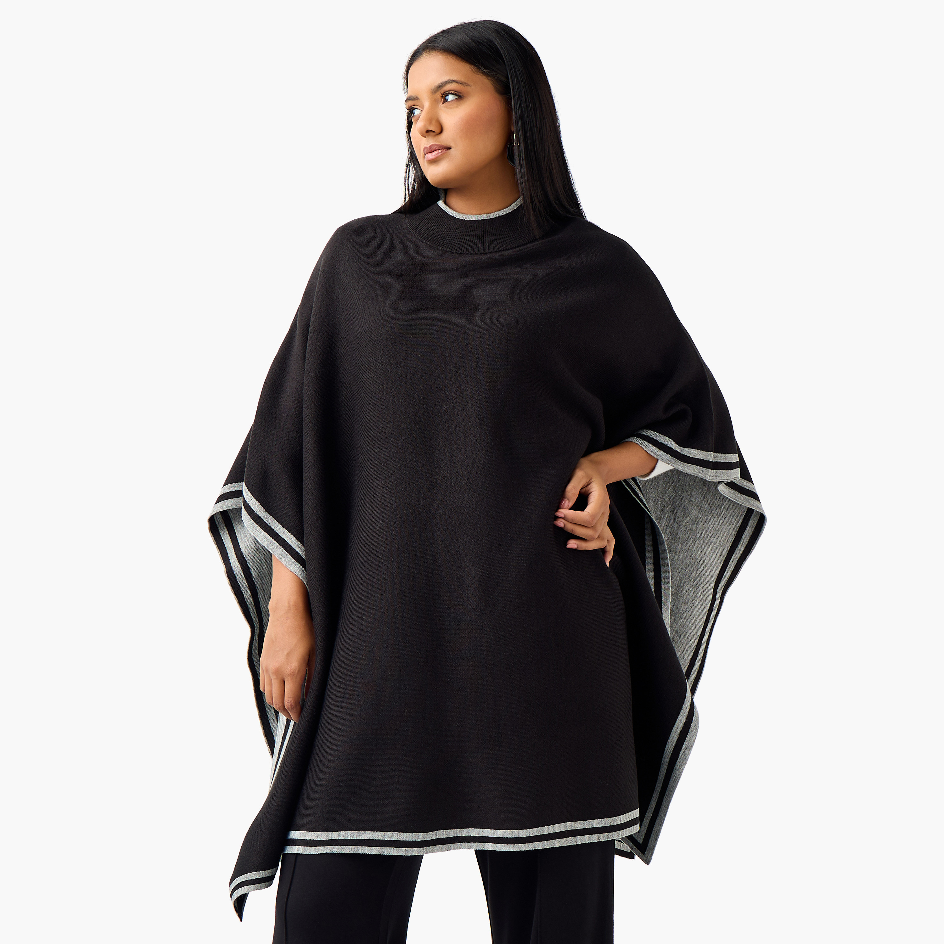 بونشو بقصة عادية وياقة عالية وحافة متباينة من أولا بوبكين-women-winterwear-cardigansandjumpers-cardigans-image-5