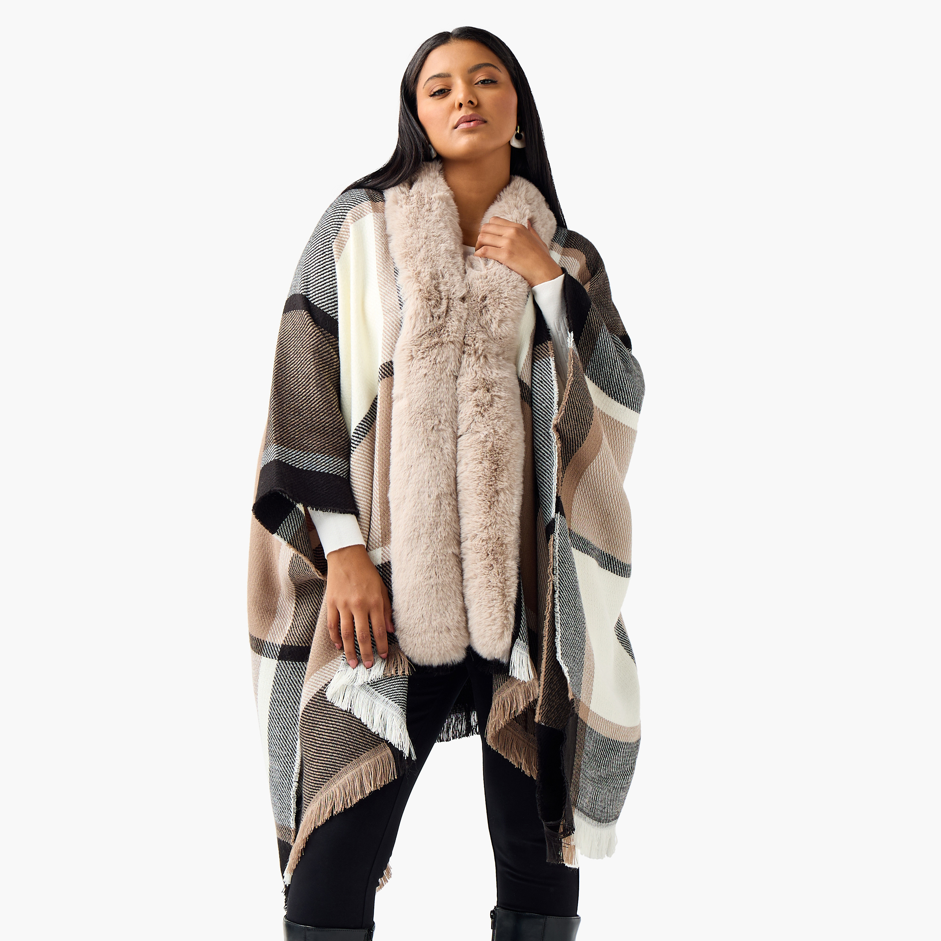 بونشو كاروهات بقصة عادية وطول غير متساوي من أولا بوبكين-women-winterwear-cardigansandjumpers-cardigans-image-1