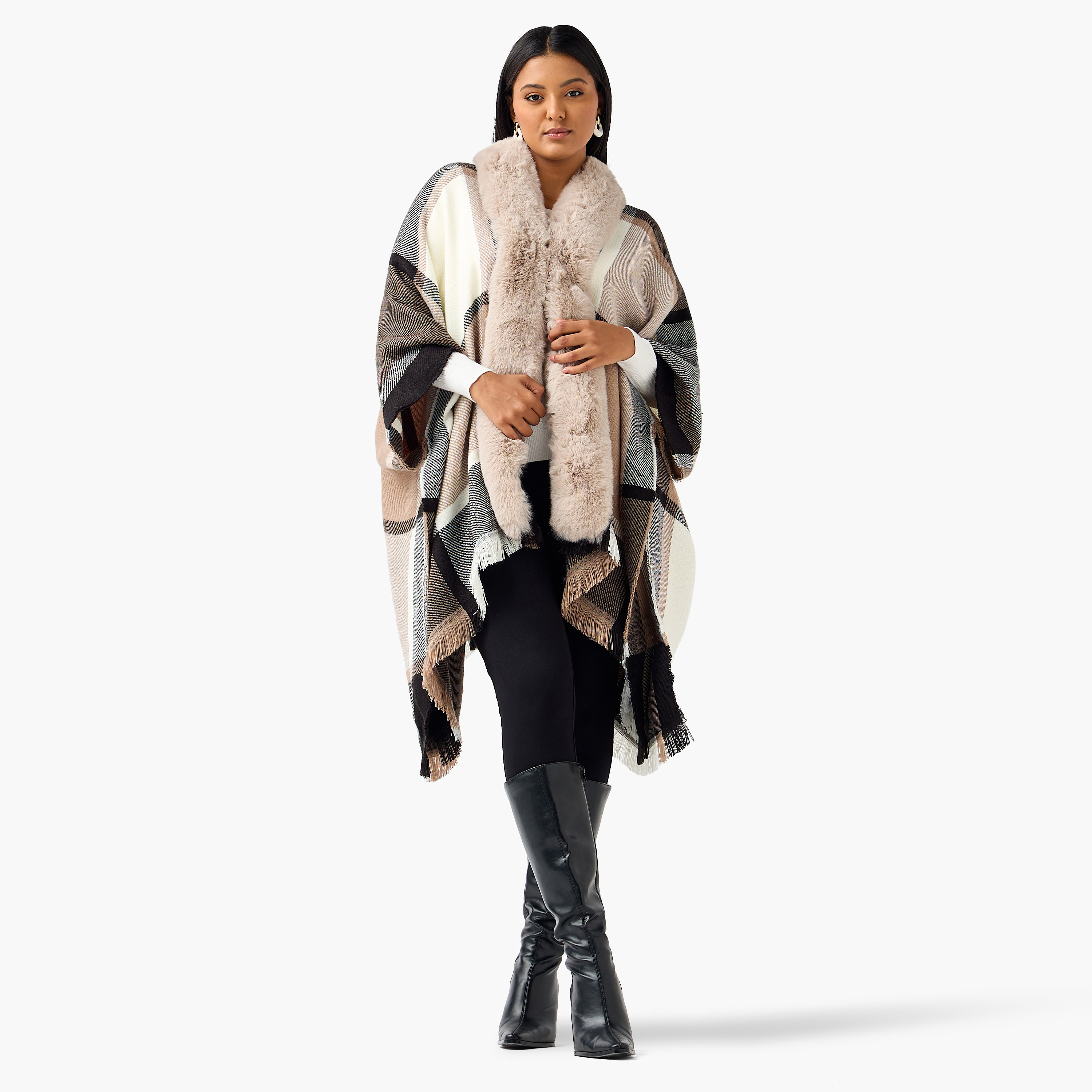 بونشو كاروهات بقصة عادية وطول غير متساوي من أولا بوبكين-women-winterwear-cardigansandjumpers-cardigans-image-2