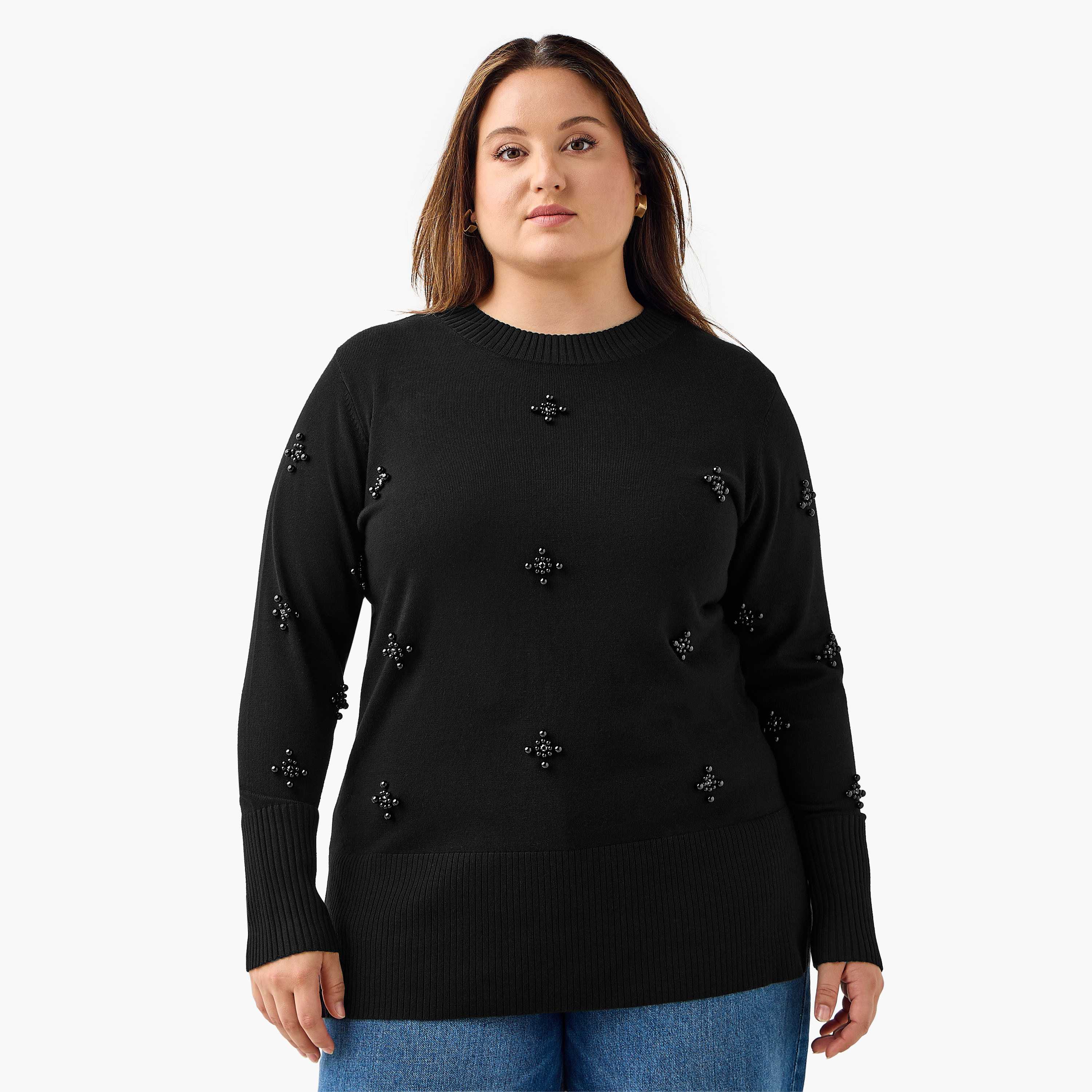 Ulla Popken Relaxed Fit Pearl Embellished Round Neck Sweater-women-clothing-cardigansandjumpers-jumpers-image-1