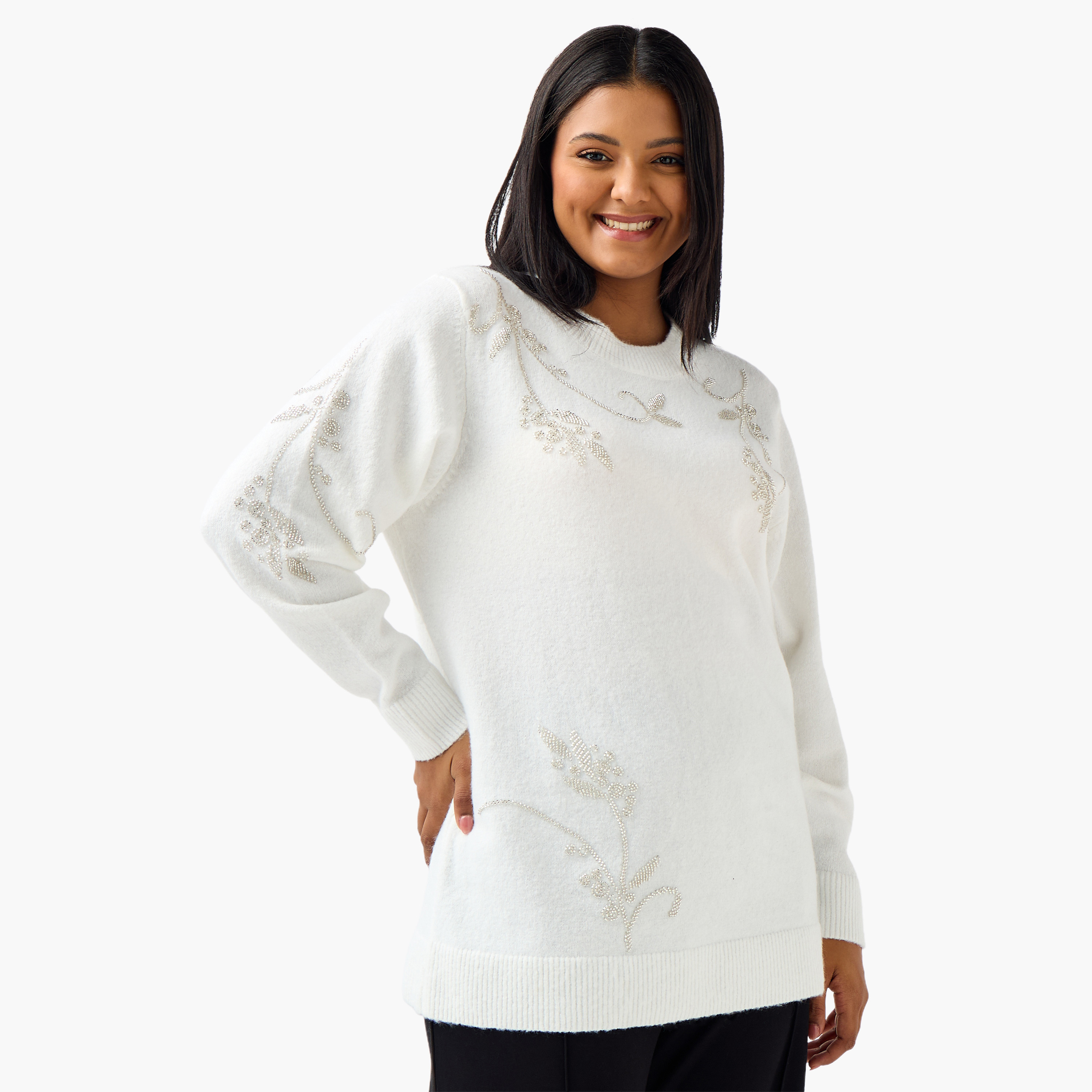 كنزة بياقة مستديرة وتزيينات وقصة مريحة من أولا بوبكين-women-clothing-cardigansandjumpers-jumpers-image-1