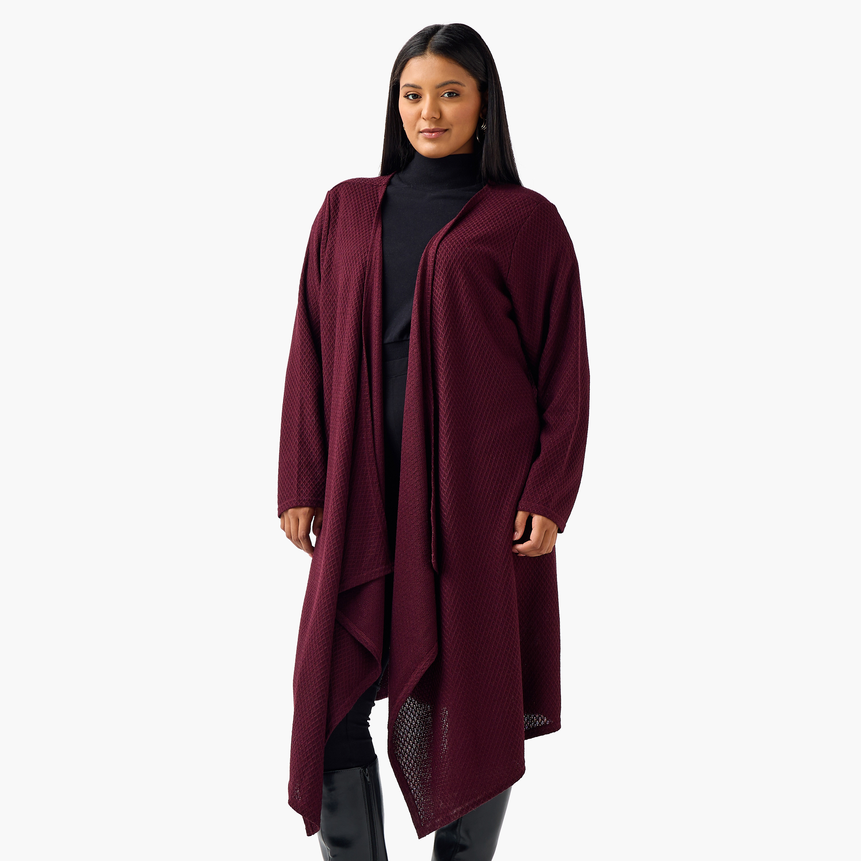 Ulla Popken Relaxed Fit Longline Textured Cardigan-women-winterwear-cardigansandjumpers-cardigans-image-1